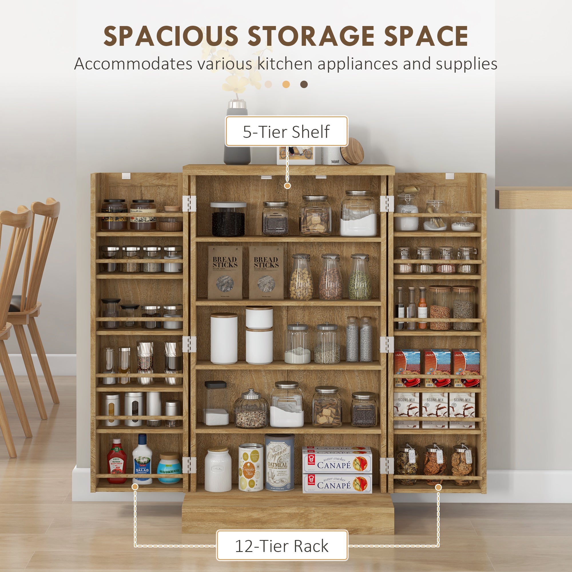 41" Rattan Kitchen Storage Cabinet with 5-Tier Shelf, 12 Spice Racks, Natural
