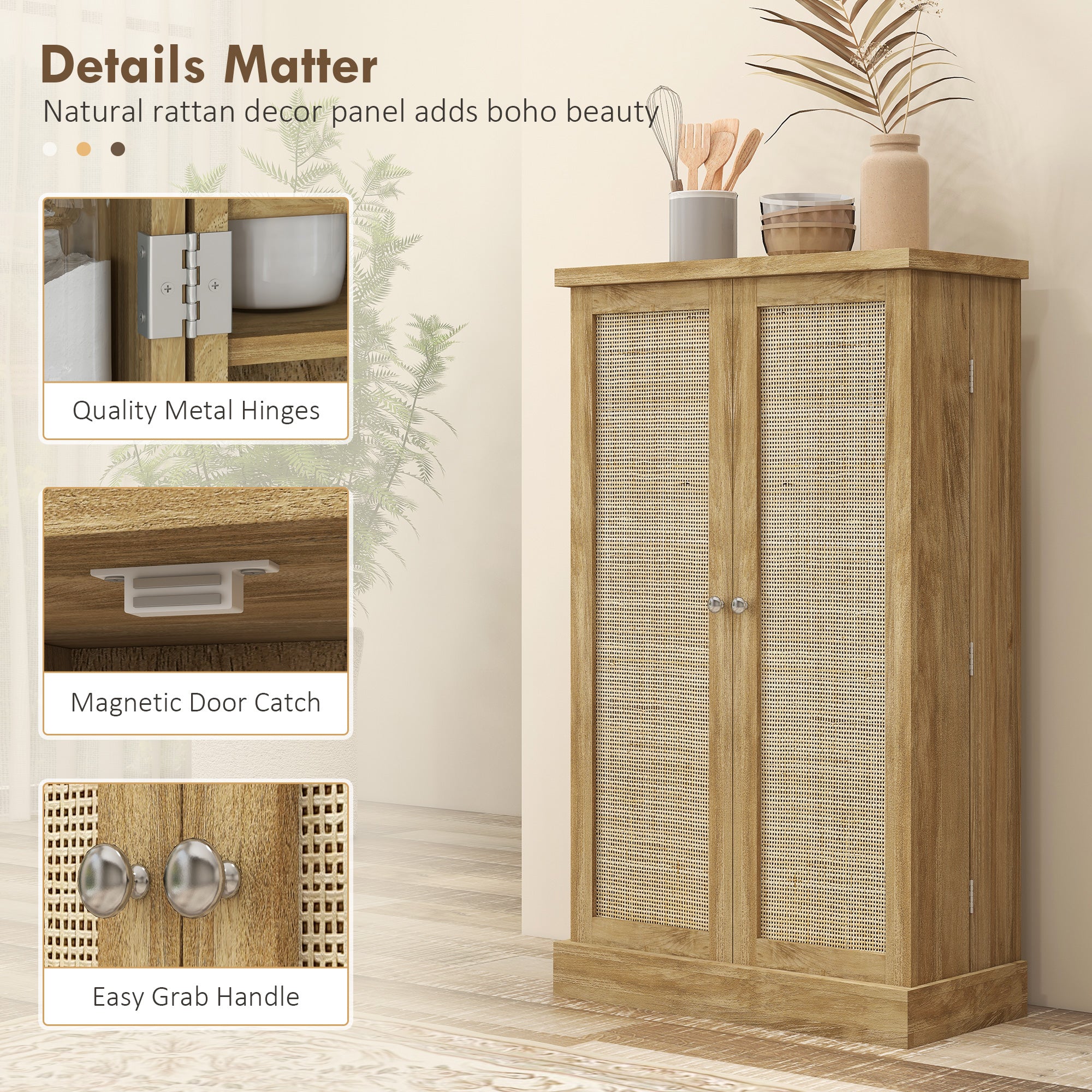 41" Rattan Kitchen Storage Cabinet with 5-Tier Shelf, 12 Spice Racks, Natural