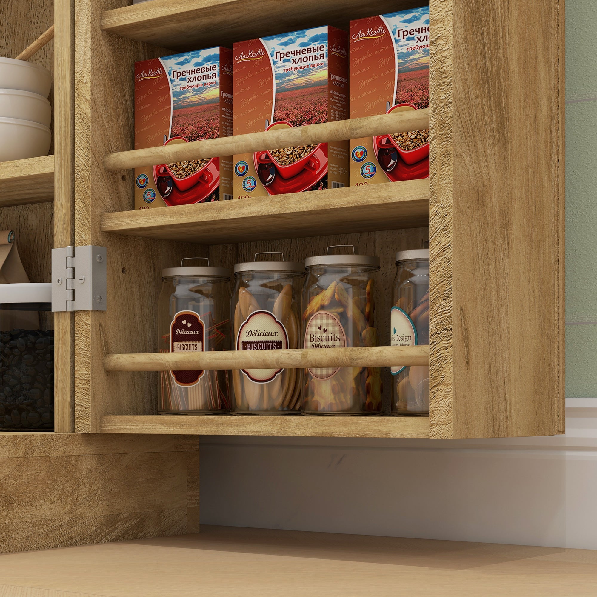 41" Rattan Kitchen Storage Cabinet with 5-Tier Shelf, 12 Spice Racks, Natural