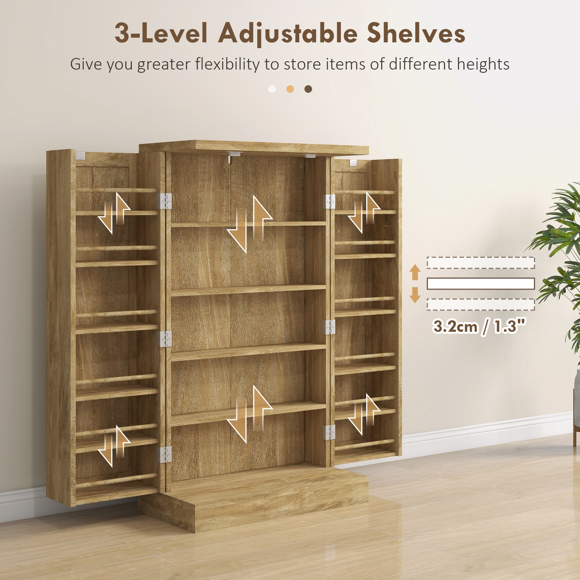 41" Rattan Kitchen Storage Cabinet with 5-Tier Shelf, 12 Spice Racks, Natural