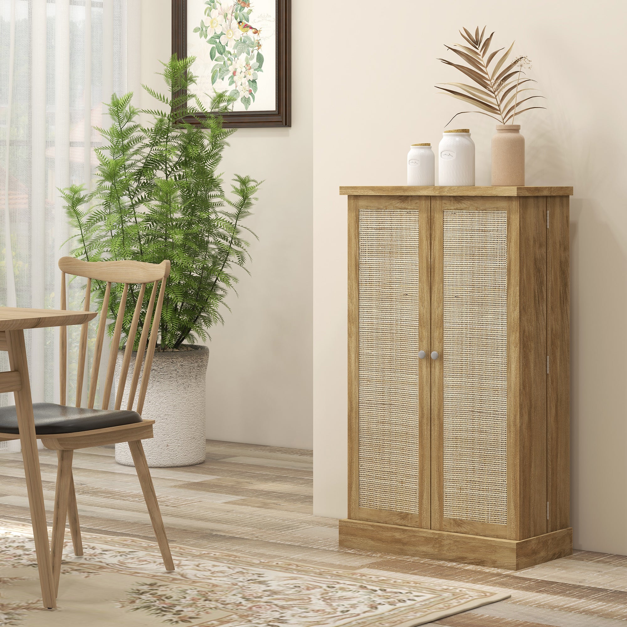 41" Rattan Kitchen Storage Cabinet with 5-Tier Shelf, 12 Spice Racks, Natural