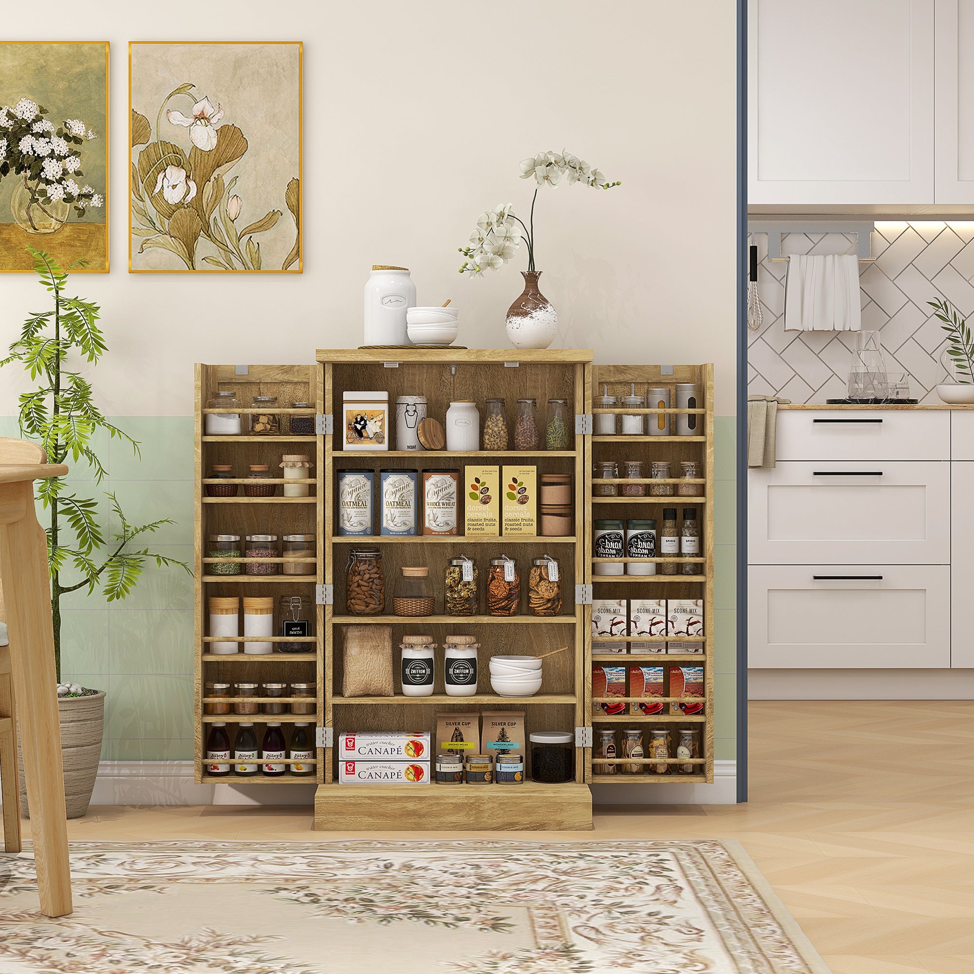 41" Rattan Kitchen Storage Cabinet with 5-Tier Shelf, 12 Spice Racks, Natural