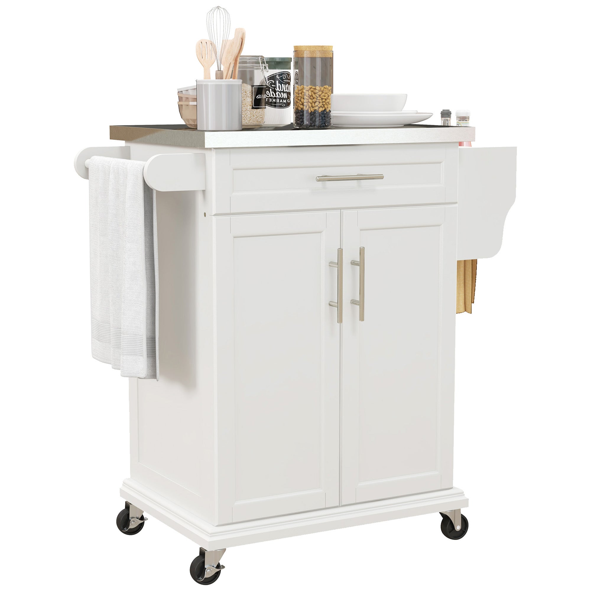 36" Stainless Steel Rolling Kitchen Cart with Drawer, Spice & Towel Racks, Cream White