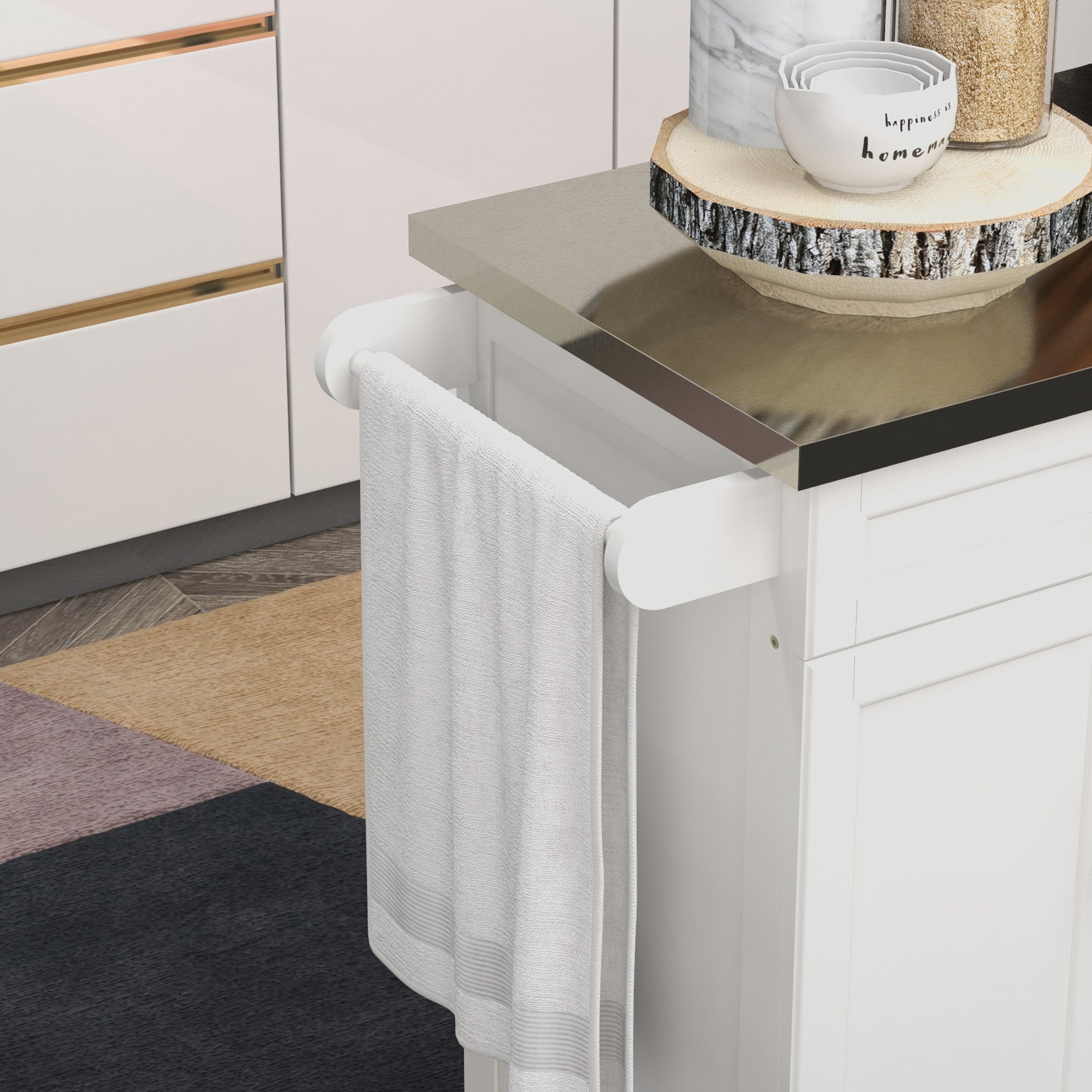 36" Stainless Steel Rolling Kitchen Cart with Drawer, Spice & Towel Racks, Cream White