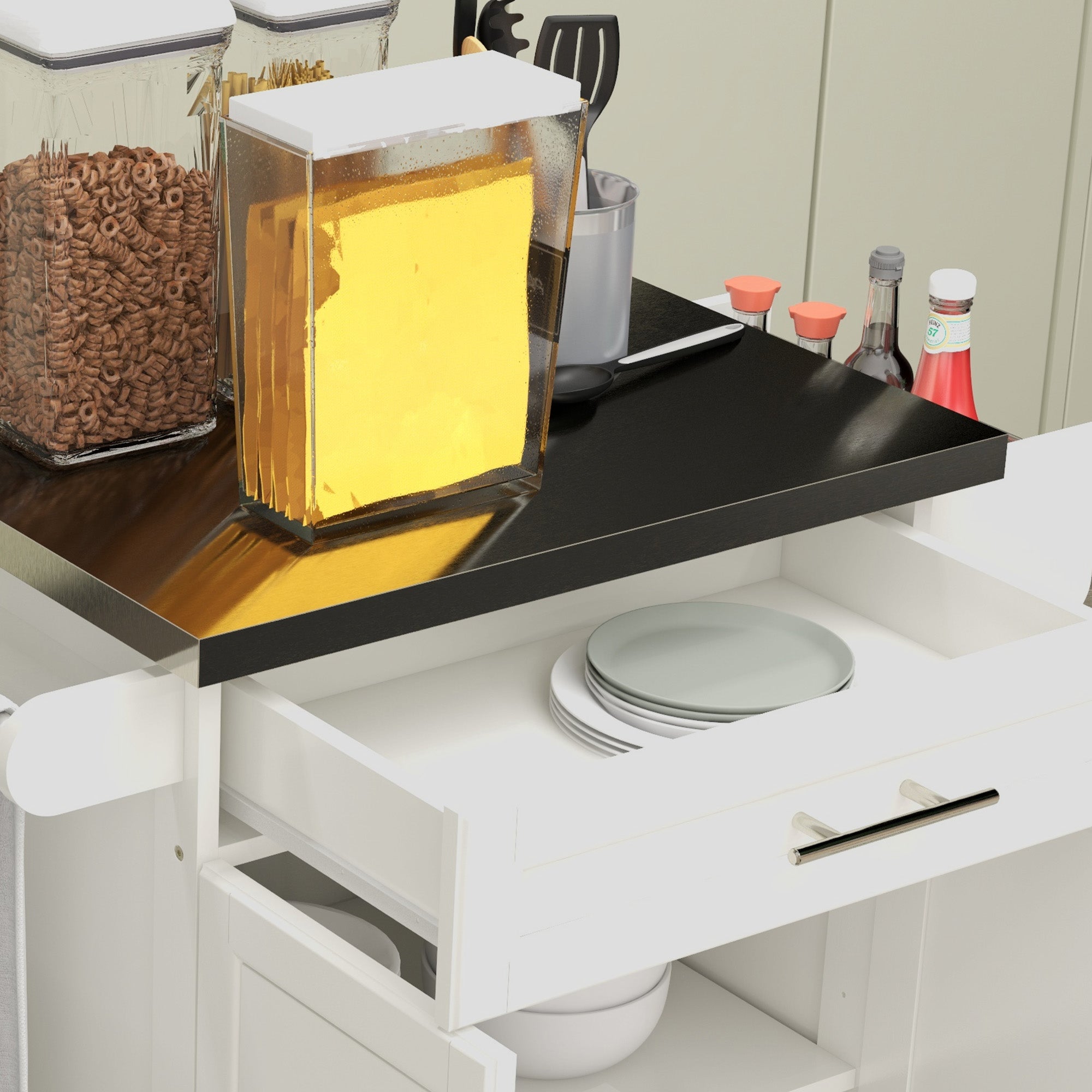 36" Stainless Steel Rolling Kitchen Cart with Drawer, Spice & Towel Racks, Cream White