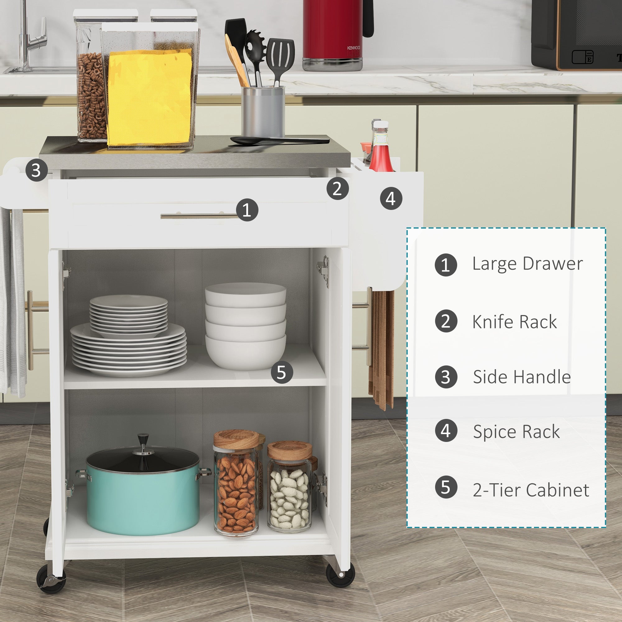 36" Stainless Steel Rolling Kitchen Cart with Drawer, Spice & Towel Racks, Cream White
