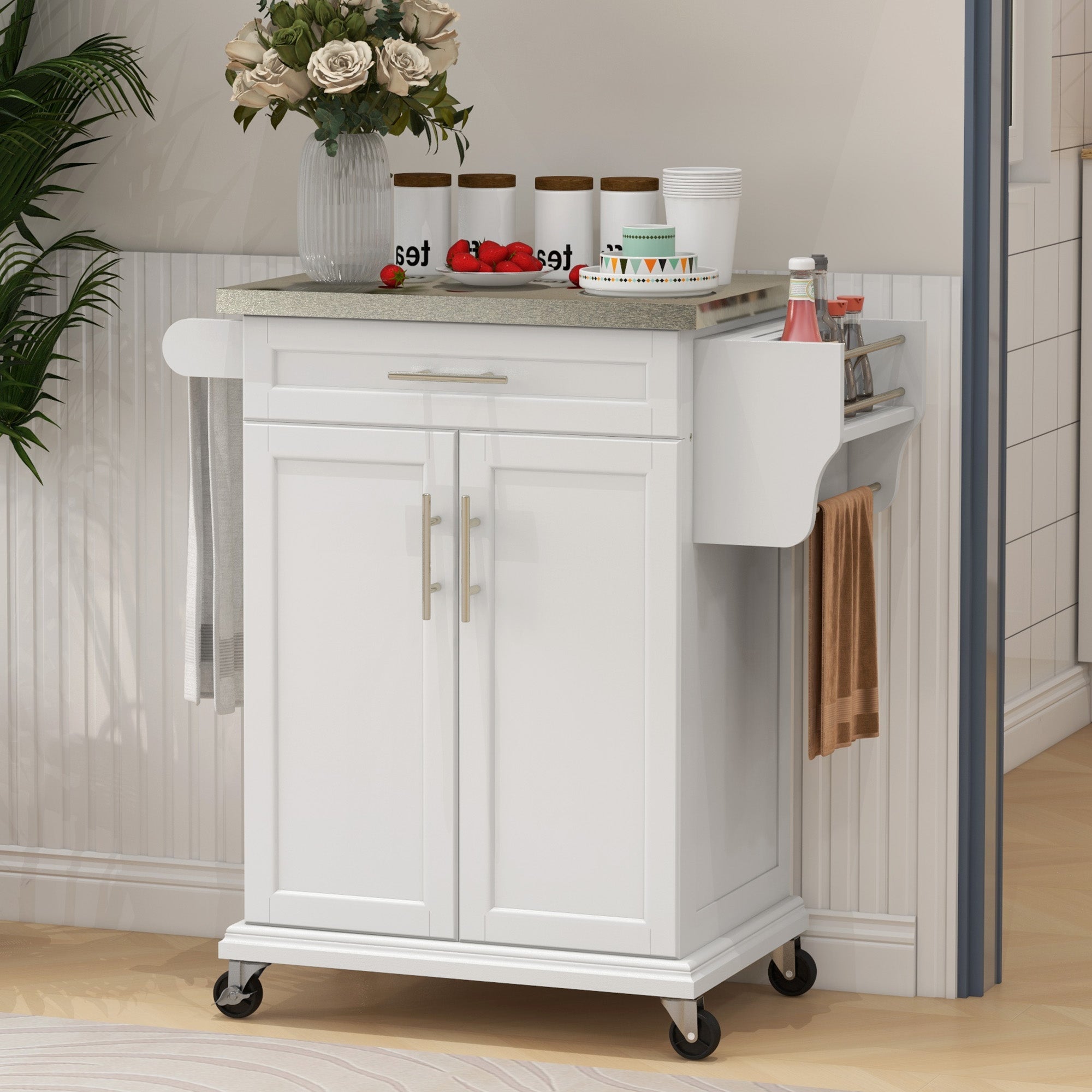 36" Stainless Steel Rolling Kitchen Cart with Drawer, Spice & Towel Racks, Cream White
