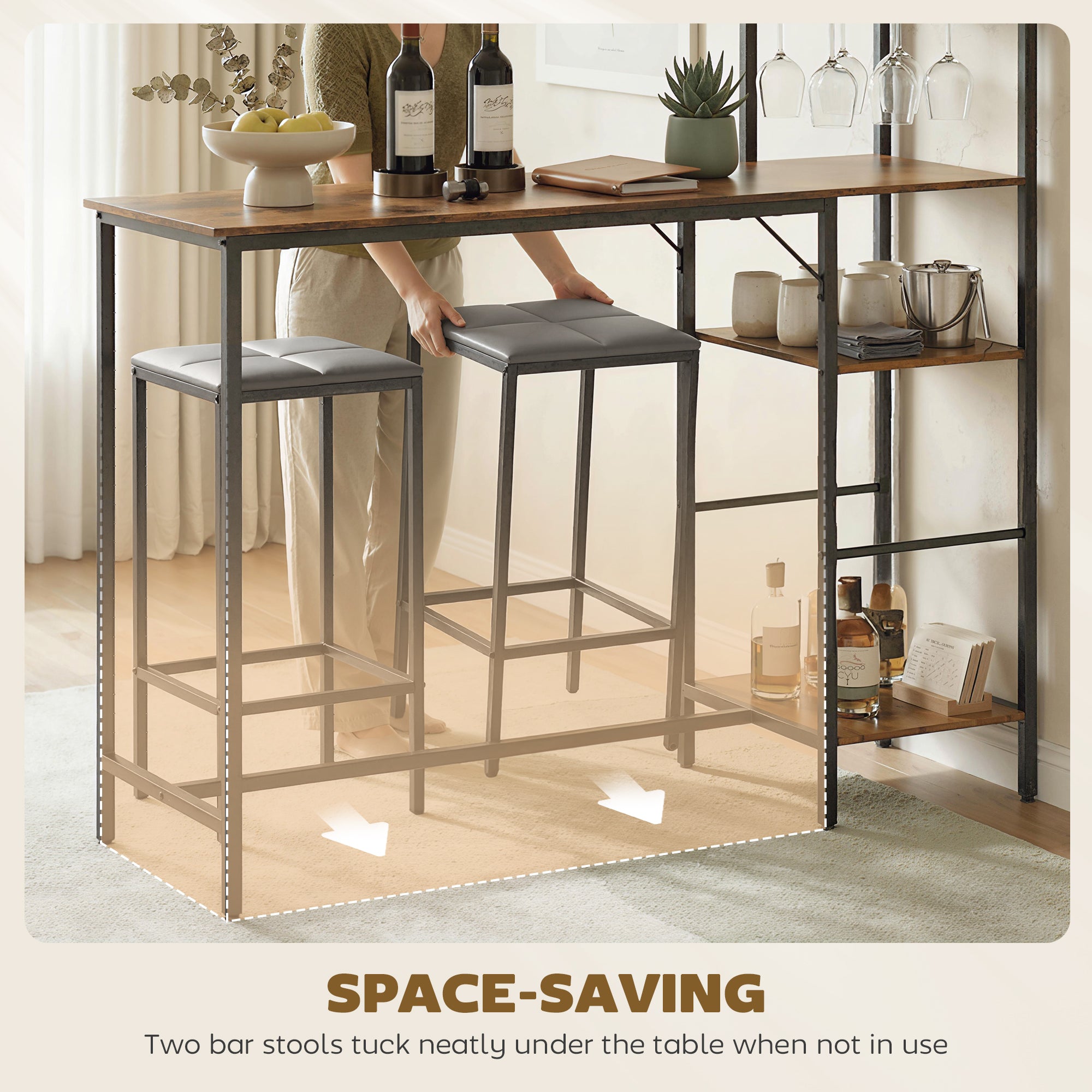 3 Piece Breakfast Bar Table and Stools Set, Dining Table with 4-tier shelving and Glasses Holders, 2 PU Leather Bar Stools with Footrest for Kitchen, Dining Room, Pub, Rustic Brown