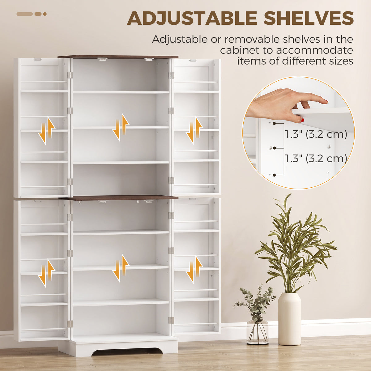 166cm Tall Kitchen Pantry Cabinet, Adjustable Shelves, Farmhouse Storage Cabinet with 8 Shelves and 16 Door Racks, Freestanding Food Pantry, Barn Doors, White and Brown