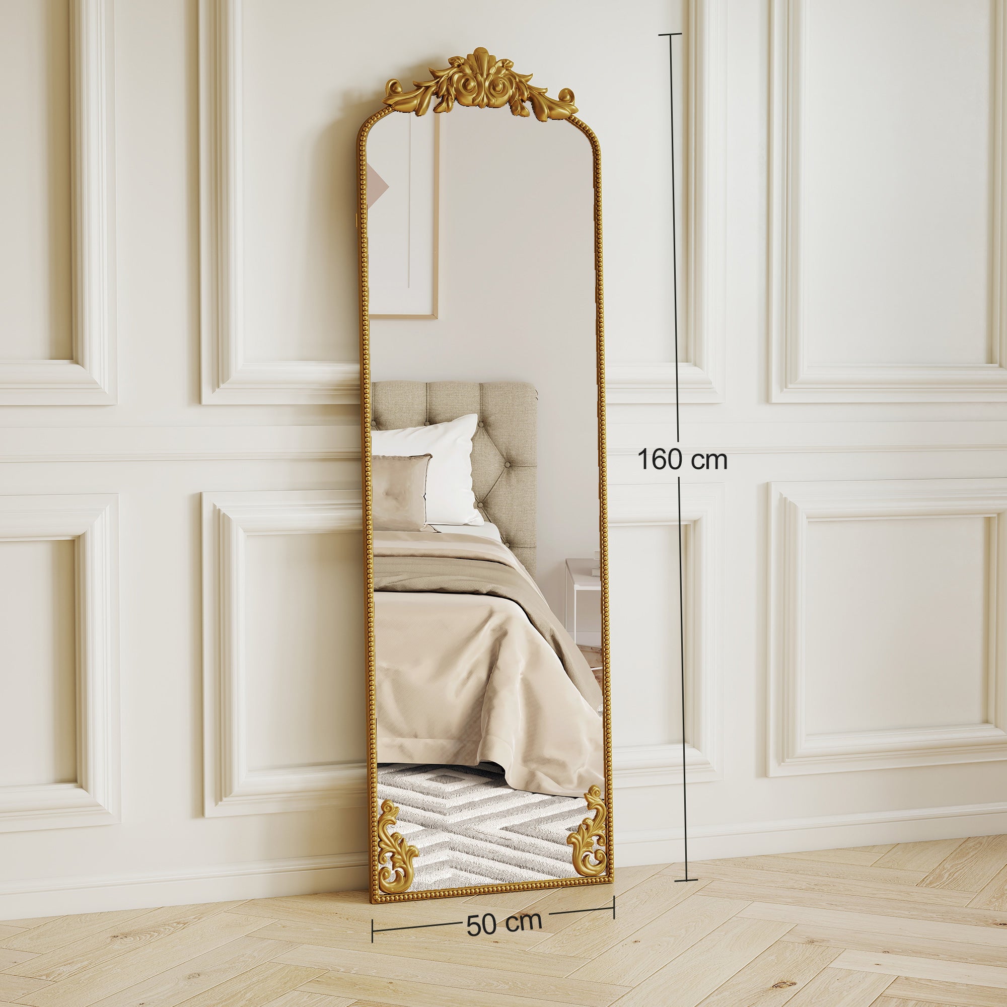 Full Length Mirror, 50 x 160 cm Hanging or Leaning Against Wall Floor Mirror with Baroque Metal Frame for Bedroom, Living Room, Dressing Room, Gold Tone