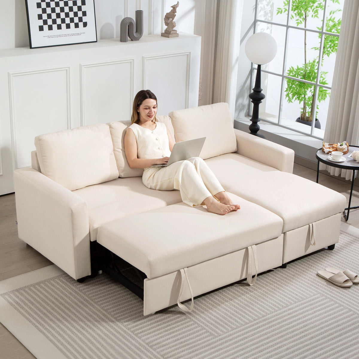 83" Sofa Bed, Convertible Pull Out Sleeper Sofa, Linen L Shaped Sectional Couch with Reversible Storage Chaise, Wide and Deep Seat for Living Room, Apartment, Cream White