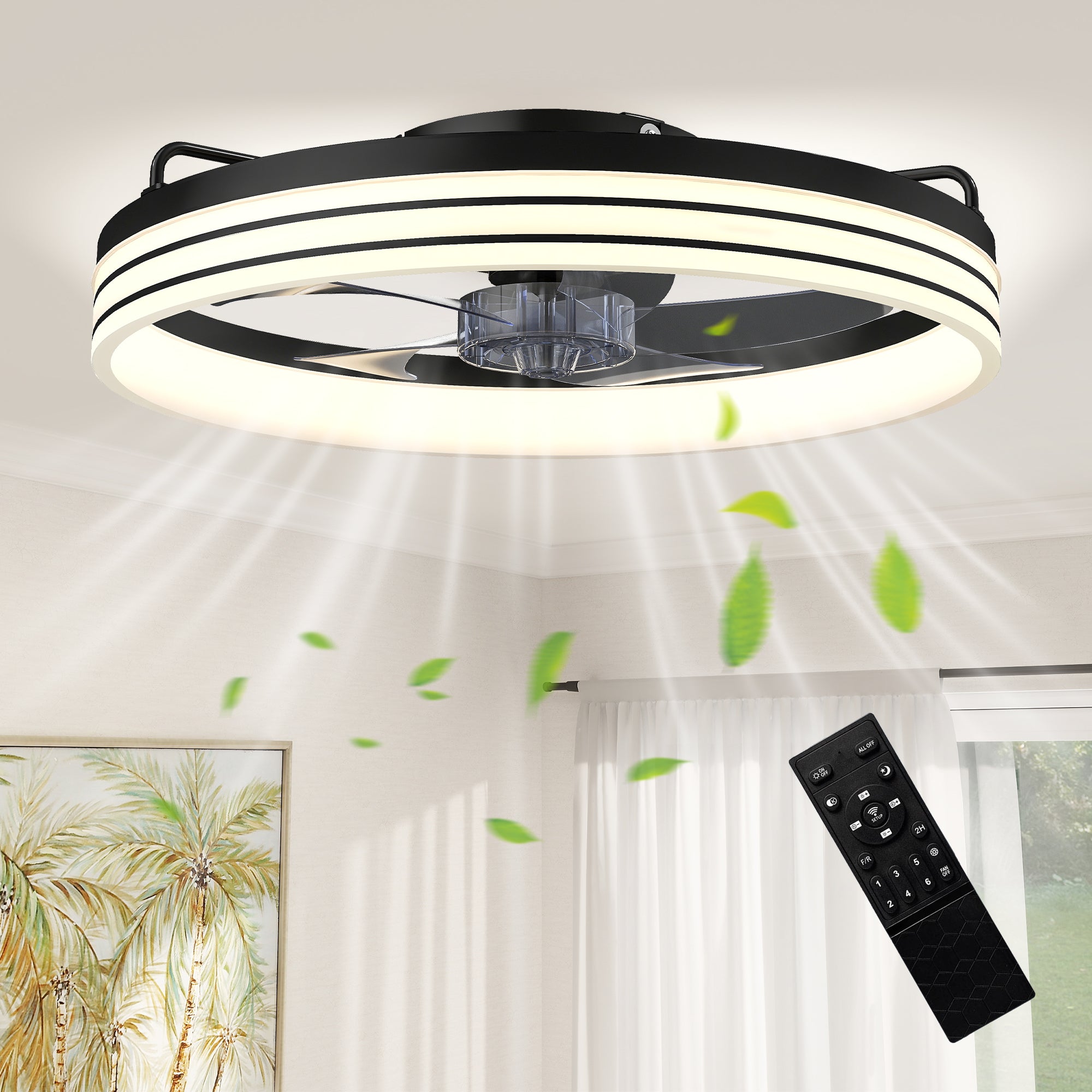 Ceiling Fans with Lights and Remote & App Control, 50 cm Modern LED Ceiling Fan Light with 3 Colour Temperatures, 6 Speed, Timer, Dimmable, Quiet Reversible DC Motor, for Bedroom, Study, Black