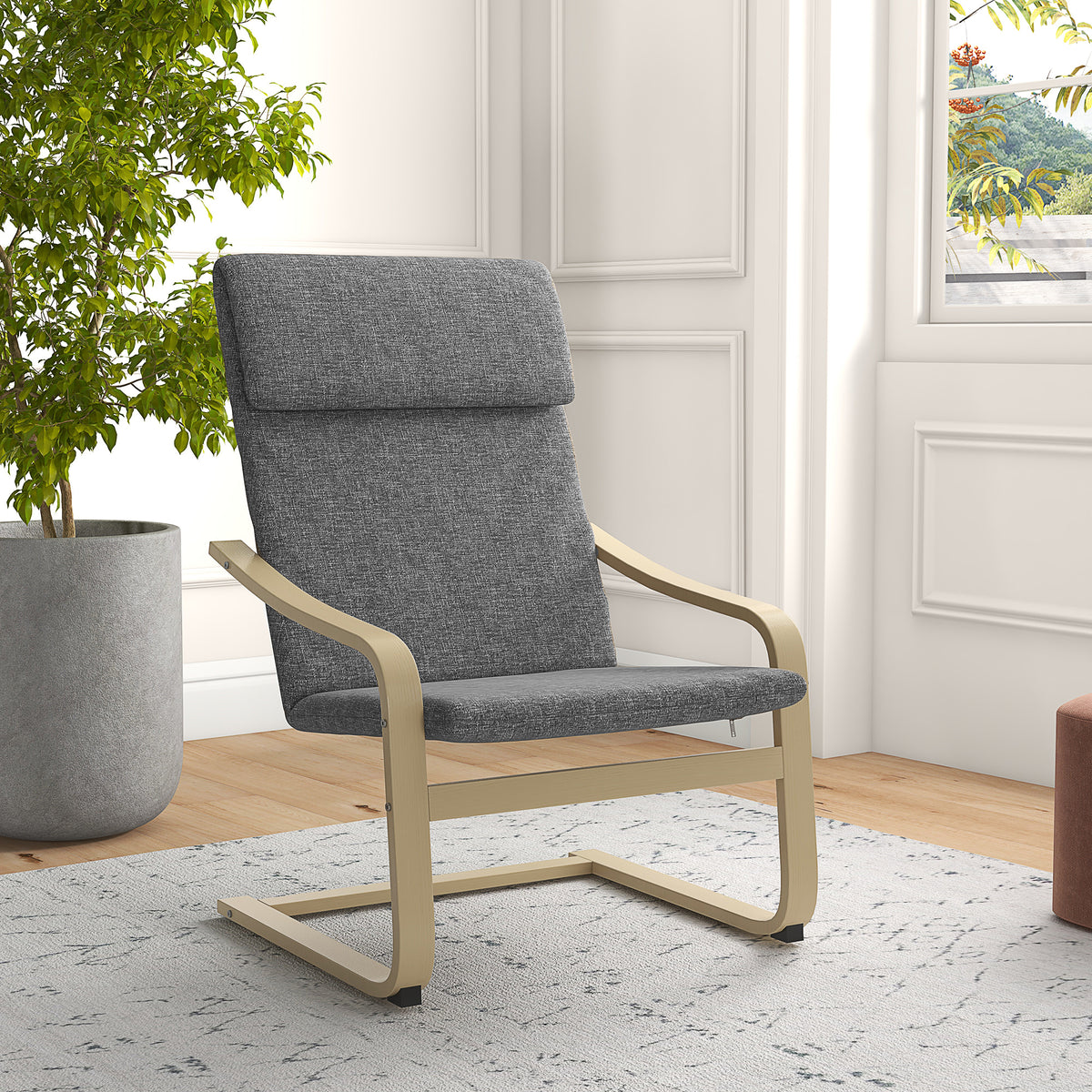 Modern Accent Chair, Linen-Feel Upholstered Living Room Chair with Wood Curved Legs and Wide Padded Seat for Balcony, Dark Grey