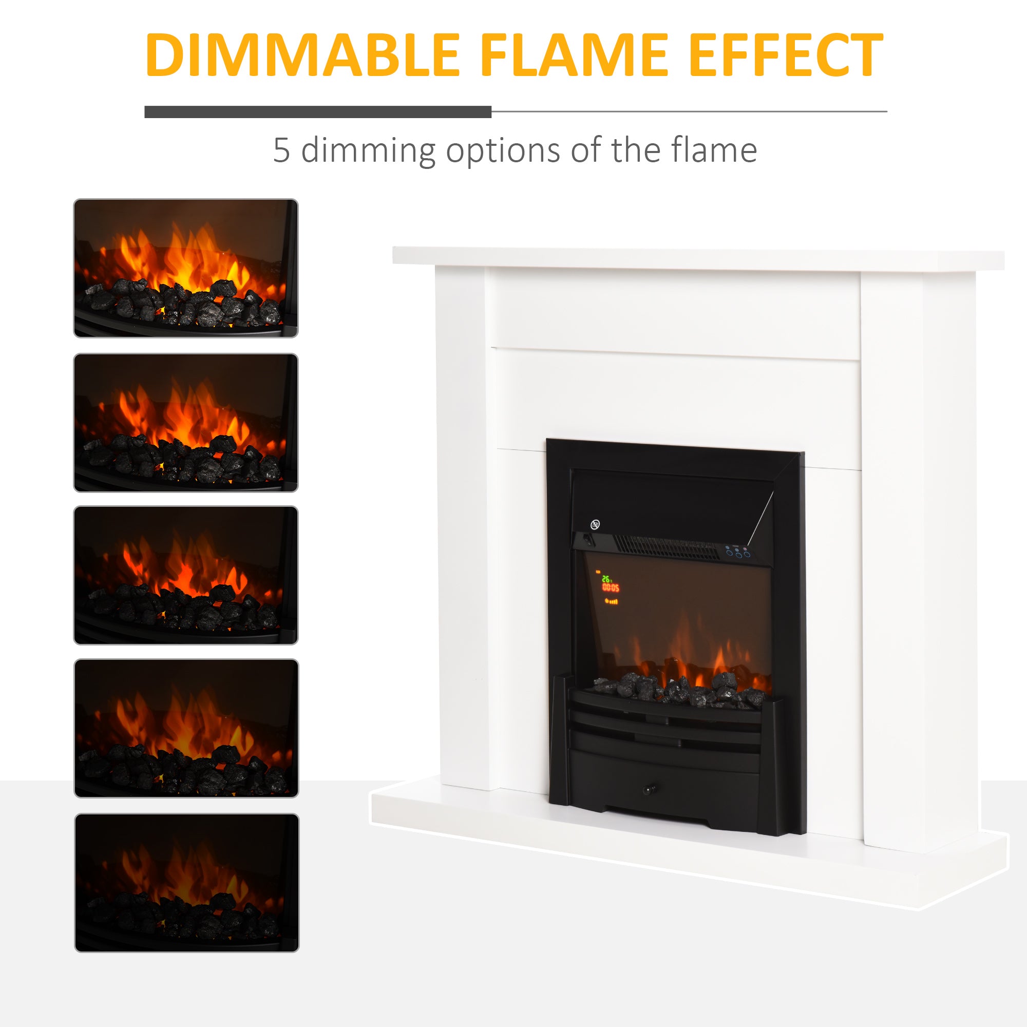 Electric Firplace Suites & Mantelpiece w/LED Flames Remote Marble Stone Modern Curved Surround Intelligent Safe Tempered Glass Adjustable Thermal 1000W/2000W