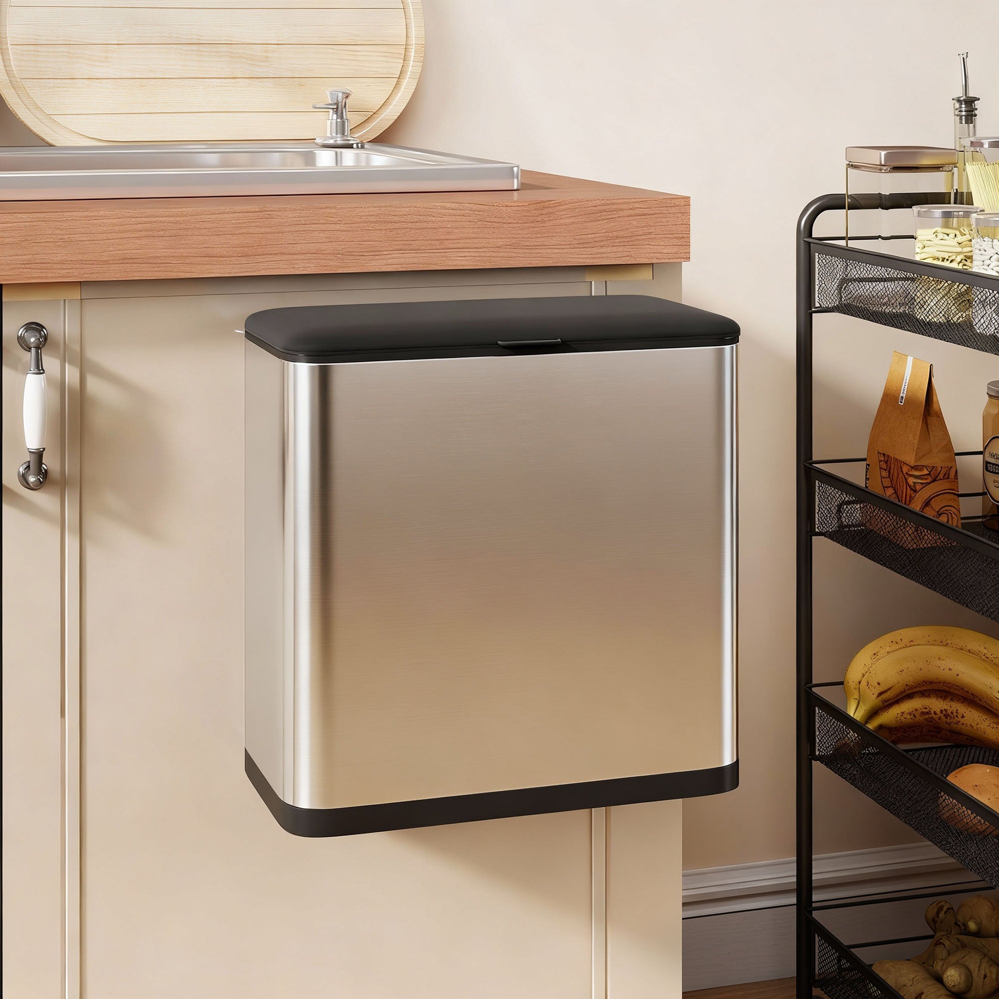 8L Hanging Kitchen Bin, Stainless Steel Rubbish bin with Press-to-Open and Stay-Open Lid, Removable Inner Bucket for Kitchen Cabinet Door, Under Sink, Bedroom, Office, Silver Tone