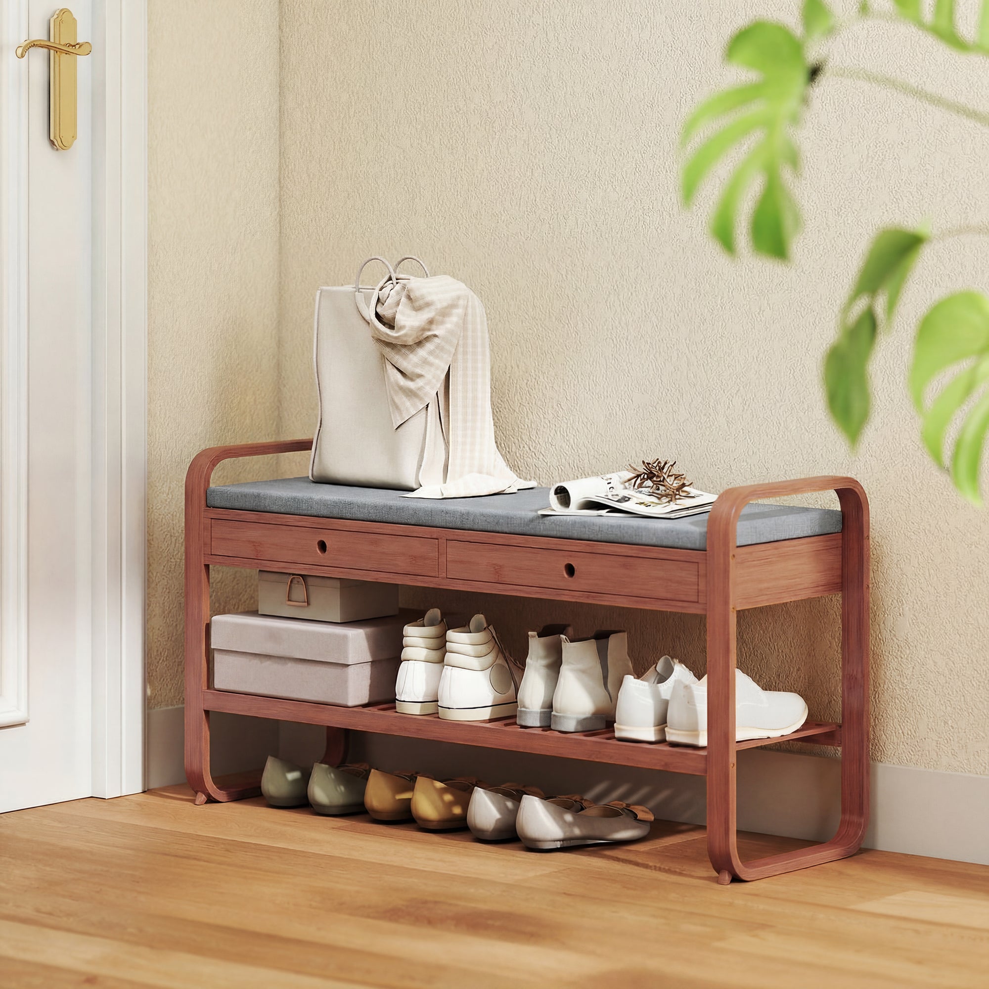 Shoe Bench with 2 Drawers, Shoe Storage Bench with Cushioned Seat, Storage Shelf and Bamboo Frame, 130 kg Weight Capacity, 105 x 33.2 x 55 cm, Dark Brown and Grey
