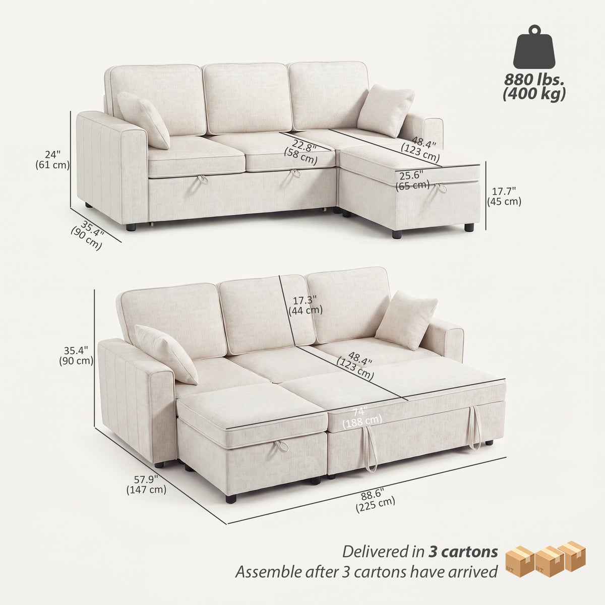 Modular Sectional Sofa Bed with Reversible Storage Ottoman, Chenille Pull Out Sleeper Sofa with Spring Cushion, Wide and Deep Seat, 3 Seater Couch for Living Room, Beige