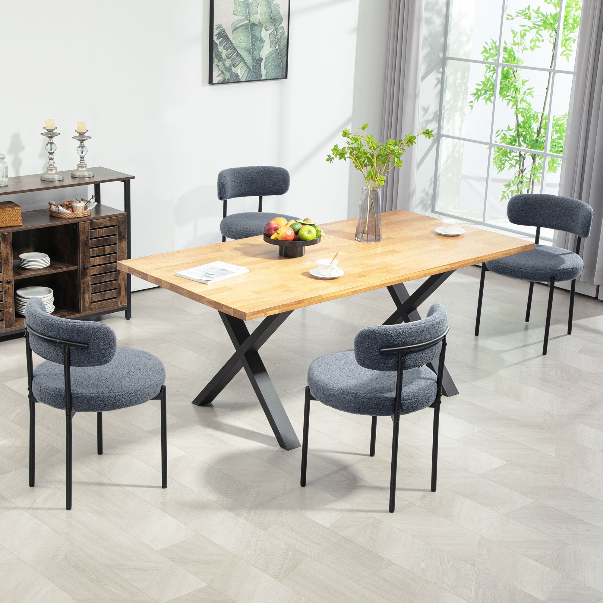 Boucle Dining Chairs Set of 4, Round Modern Upholstered Kitchen Chairs with Curved Backrest, Thick Cushion and Steel Legs for Dining Room, Gray