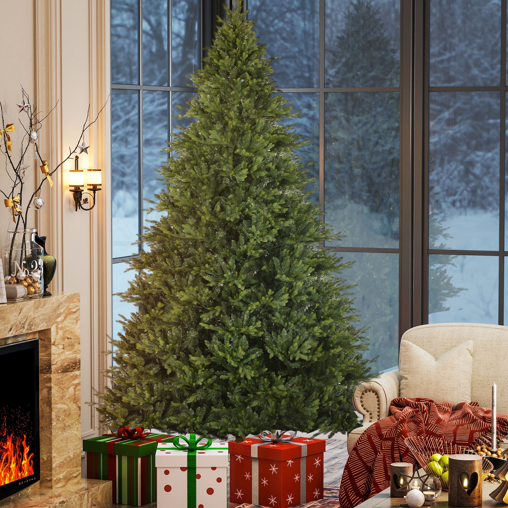 12ft Artificial Christmas Tree with 8410 Tips, Foldable Metal Stand, Easy Assembly, Full Christmas Tree, Realistic Hinged Xmas Tree for Home Office Holiday, Green