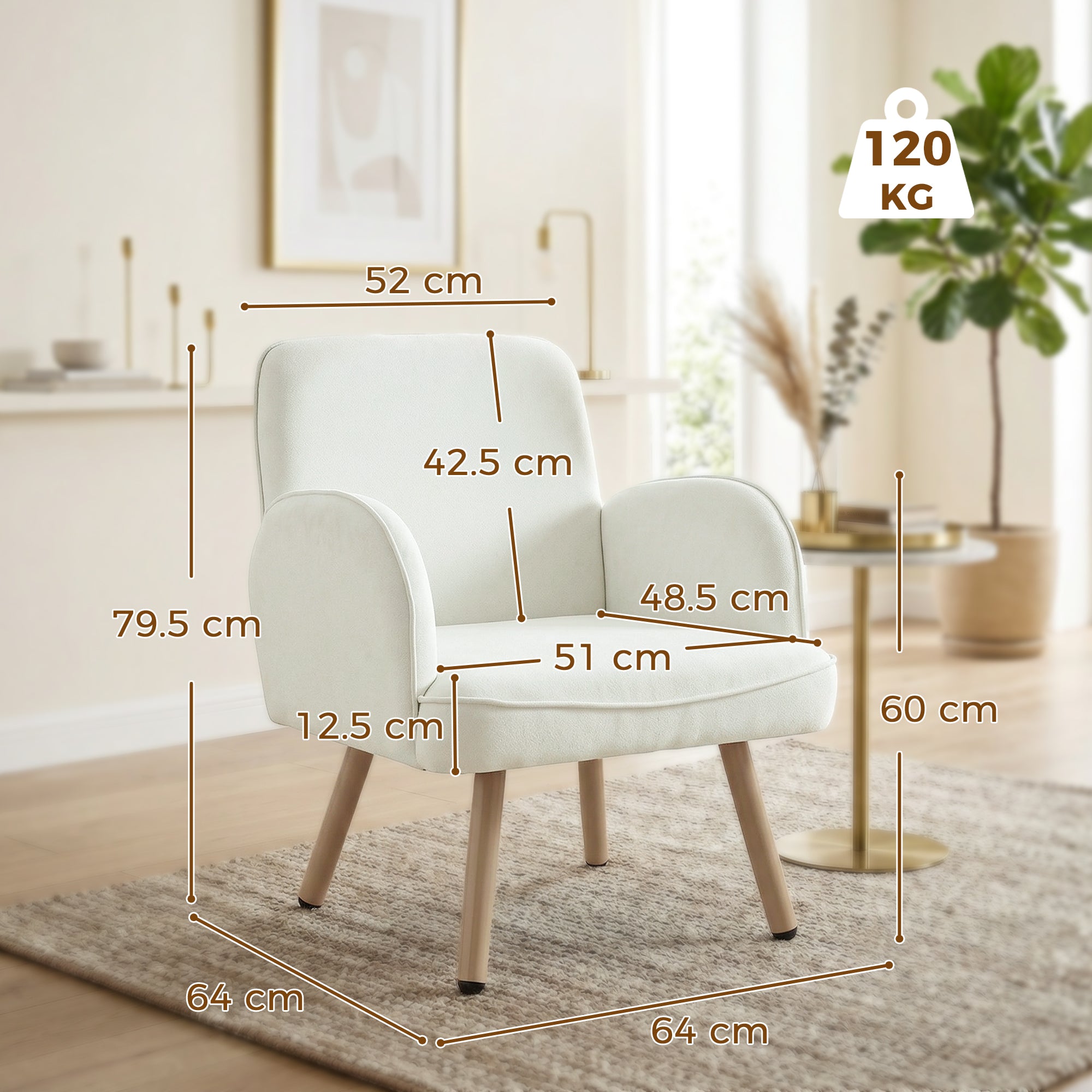 Modern Lounge Chair, Velvet Upholstered Bedroom Lounge Seat with Spring Cushion, Carbon Steel Frame, Armchair with Adjustable Feet, for Living Room, Bedroom, Study, Office, Cream White