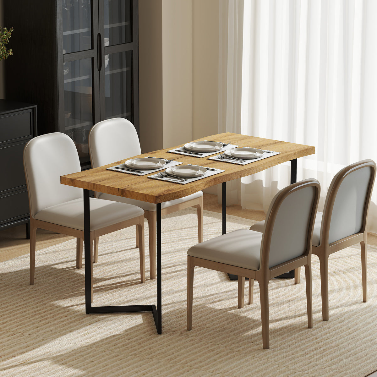 Rectangle Dining Table for 4 People, Modern Kitchen Table with Thick Tabletop and Metal Legs for Dining Room, Living Room, Kitchen, Oak Wood Grain