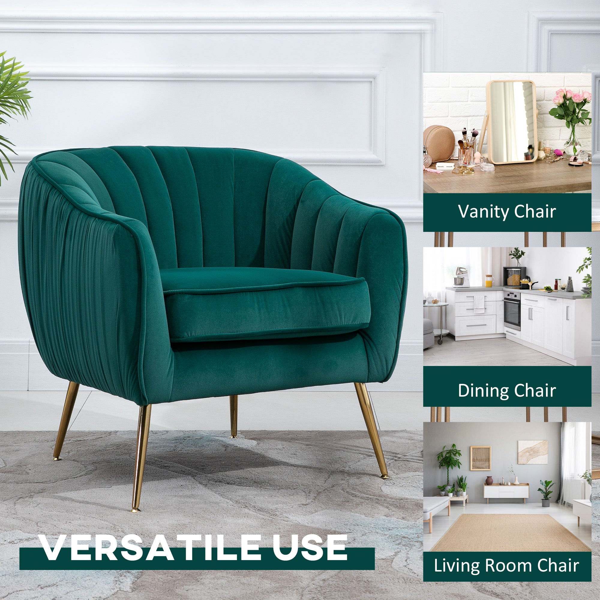 HOMCOM Velvet Tub chair, Luxury Accent Chair with Golden Metal Leg, Comfy Upholstered Armchair with Thick Padded Seat for Living Room, Green