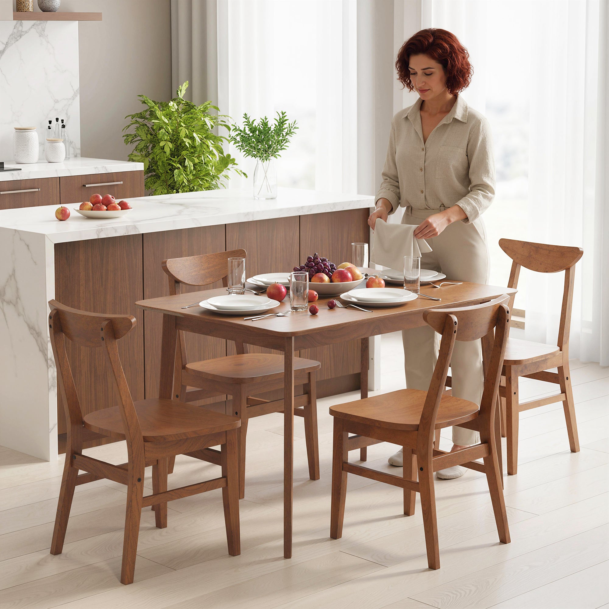 5-Piece Solid Wood Dining Table Set for 4, Farmhouse Kitchen Table and Chairs for Small Space, Dining Room, Breakfast Nook, Walnut