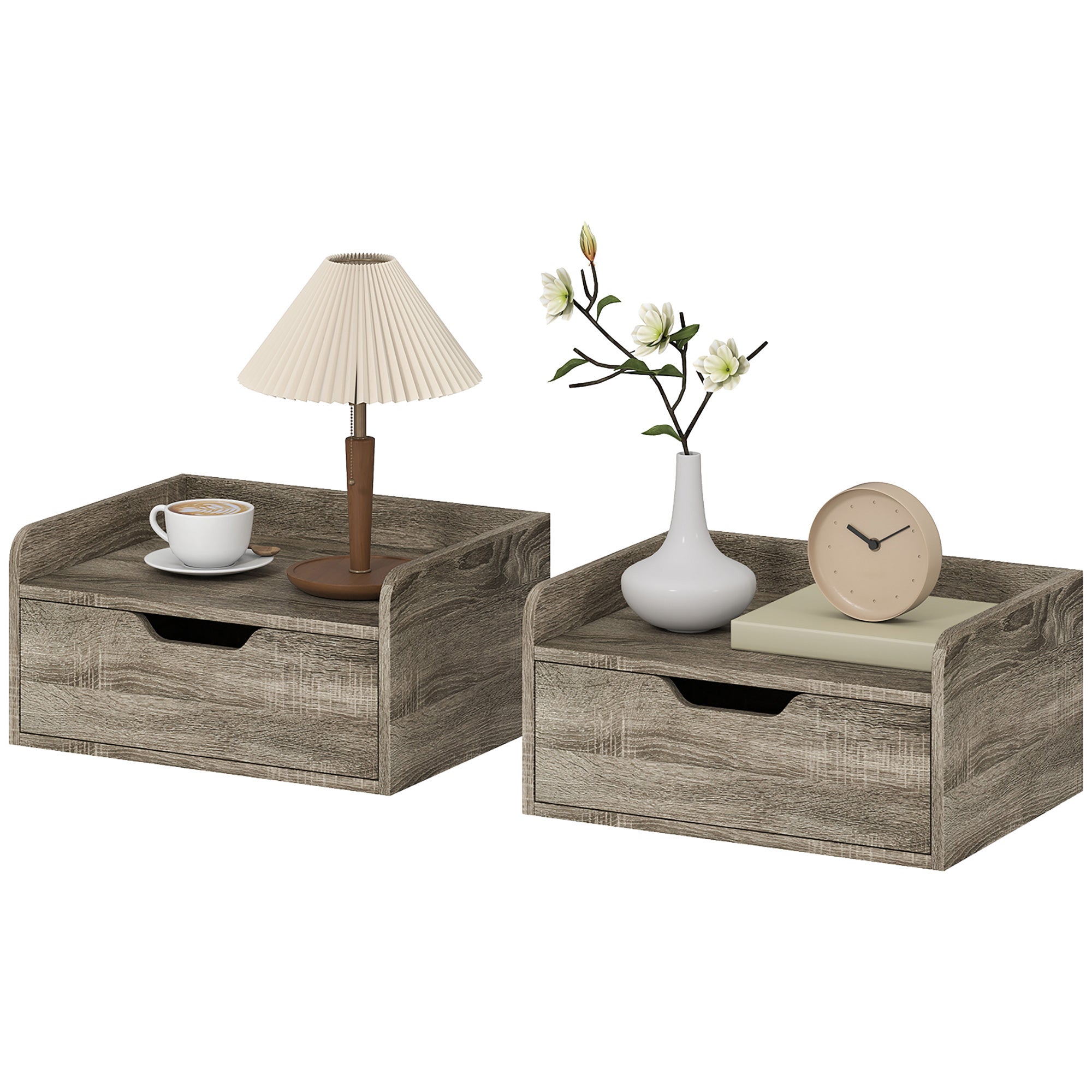 Floating Nightstands Set of 2, Wall Mounted Bedside Table with Storage Drawer for Bedroom, Grey Wood Effect