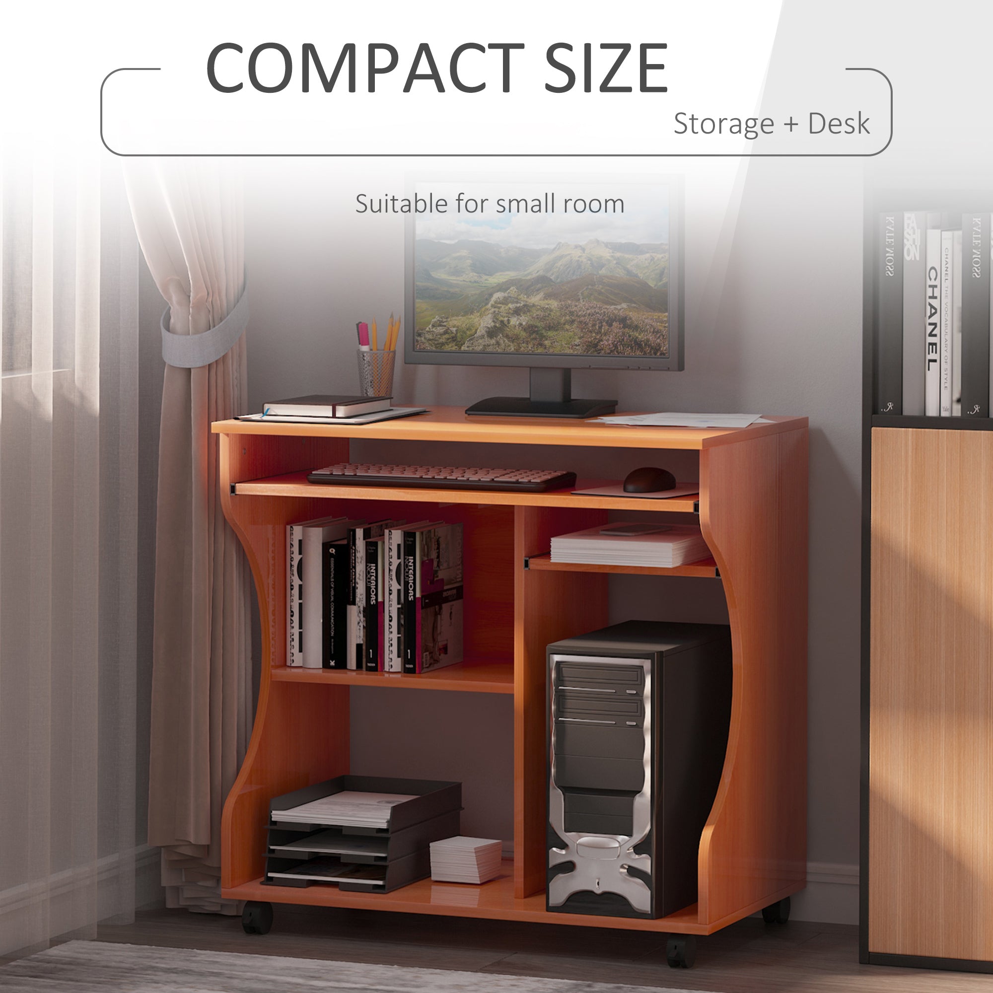 HOMCOM Computer Desk with Sliding Keyboard Tray, Mobile Home Office Desk, Study Table with Storage Shelves, PC Desk on Wheels, Cherry Wood Colour