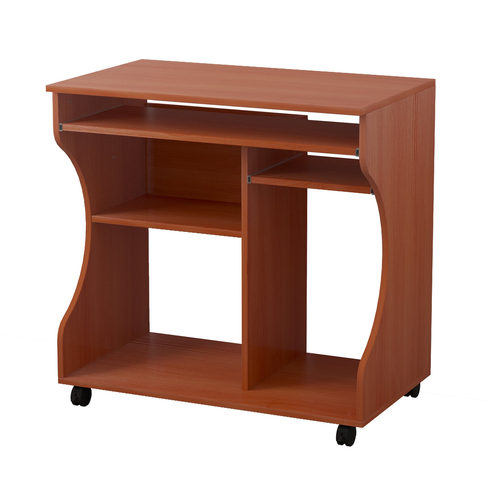 HOMCOM Computer Desk with Sliding Keyboard Tray, Mobile Home Office Desk, Study Table with Storage Shelves, PC Desk on Wheels, Cherry Wood Colour