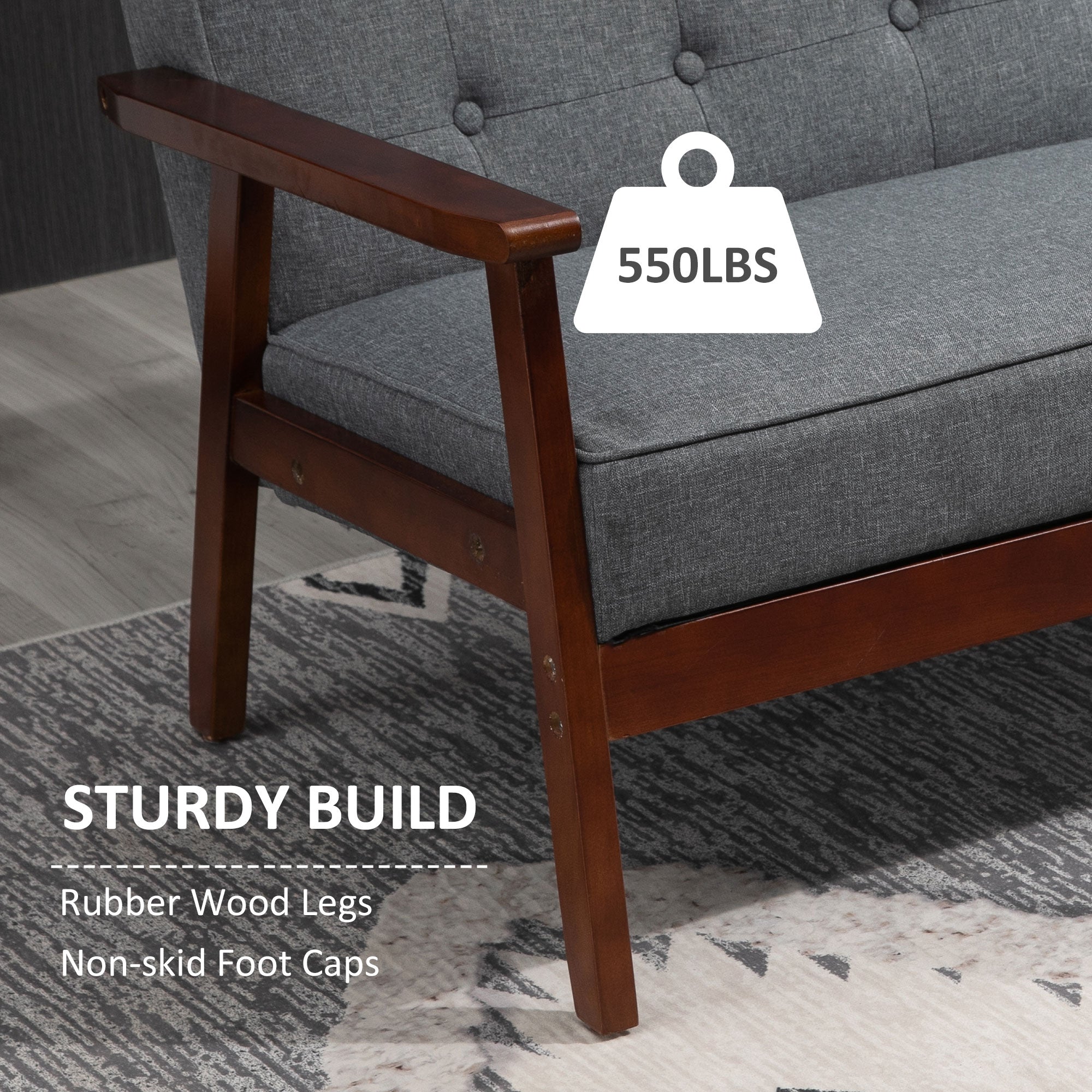 Modern Upholstered 2-Seat Loveseat Sofa with Linen-Touch Fabric and Rubberwood Legs, Grey