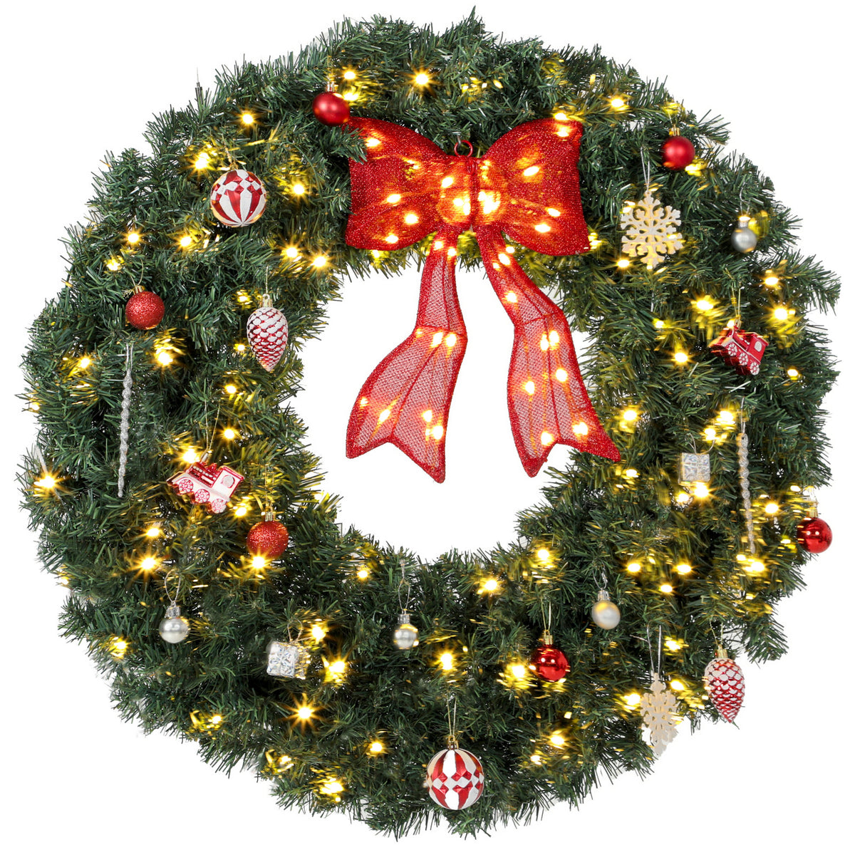 36 Inch Pre-Lit Christmas Wreath for Front Door with 130 LED Lights, Lighted Bow and 21 Ornament Set, Artificial Xmas Wreath for Covered Porch, Wall Decoration, Green