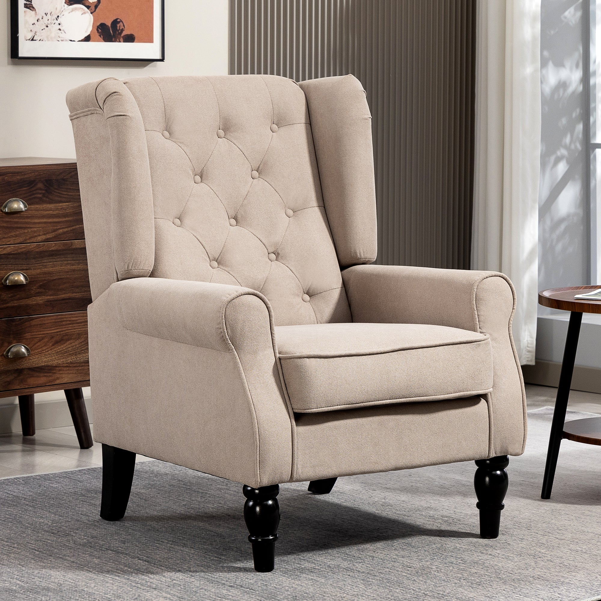 Retro Accent Chair, Snow Flannel Wingback Armchair with Wood Frame Button Tufted Design for Living Room Bedroom, Beige
