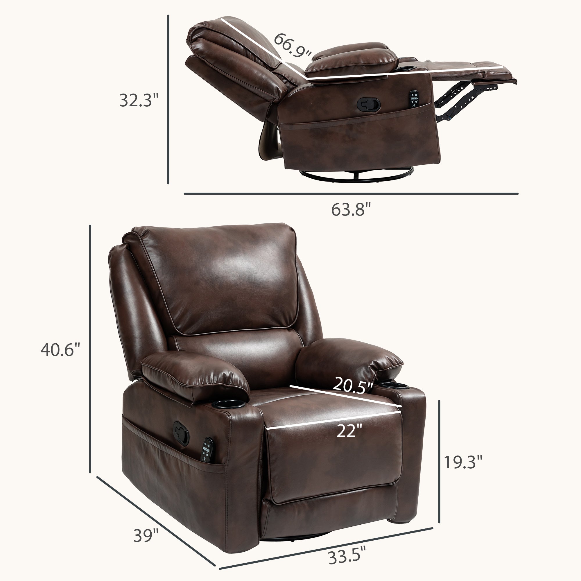 HOMCOM Recliner Chair with Vibration Massage and Heat, Oversized Swivel Rocker Single Sofa with Footrest, Remote, Cup Holders and Side Pockets, PU Manual Reclining Chair for Living Room, Brown