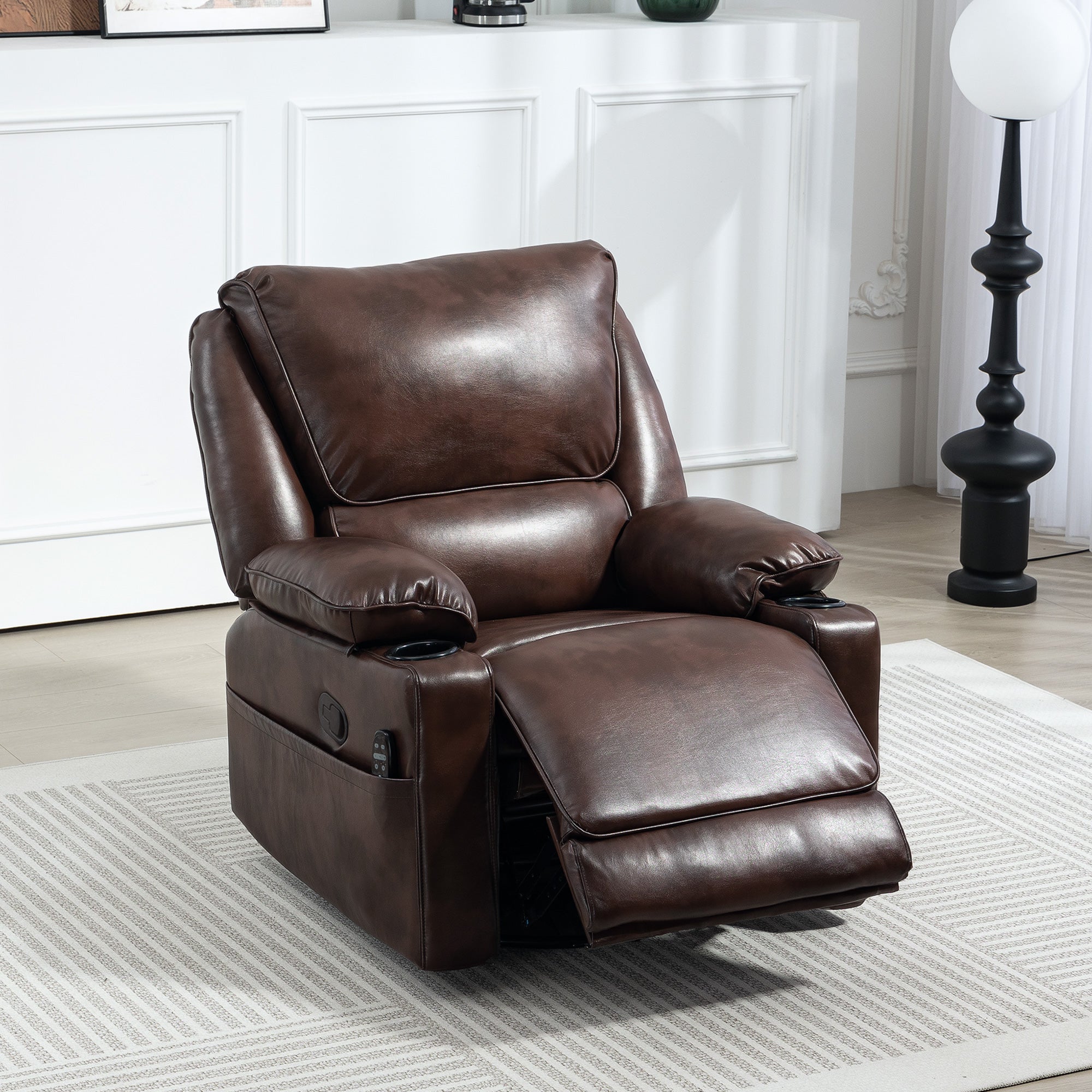 HOMCOM Recliner Chair with Vibration Massage and Heat, Oversized Swivel Rocker Single Sofa with Footrest, Remote, Cup Holders and Side Pockets, PU Manual Reclining Chair for Living Room, Brown