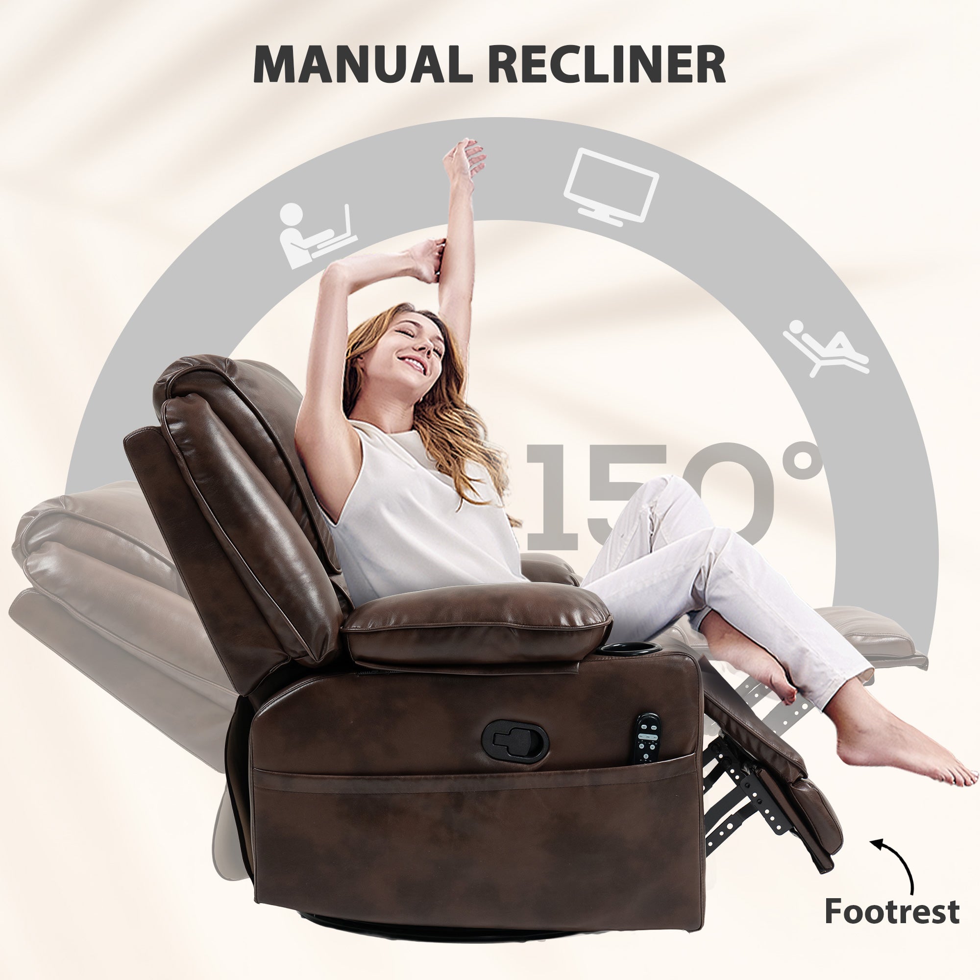 HOMCOM Recliner Chair with Vibration Massage and Heat, Oversized Swivel Rocker Single Sofa with Footrest, Remote, Cup Holders and Side Pockets, PU Manual Reclining Chair for Living Room, Brown