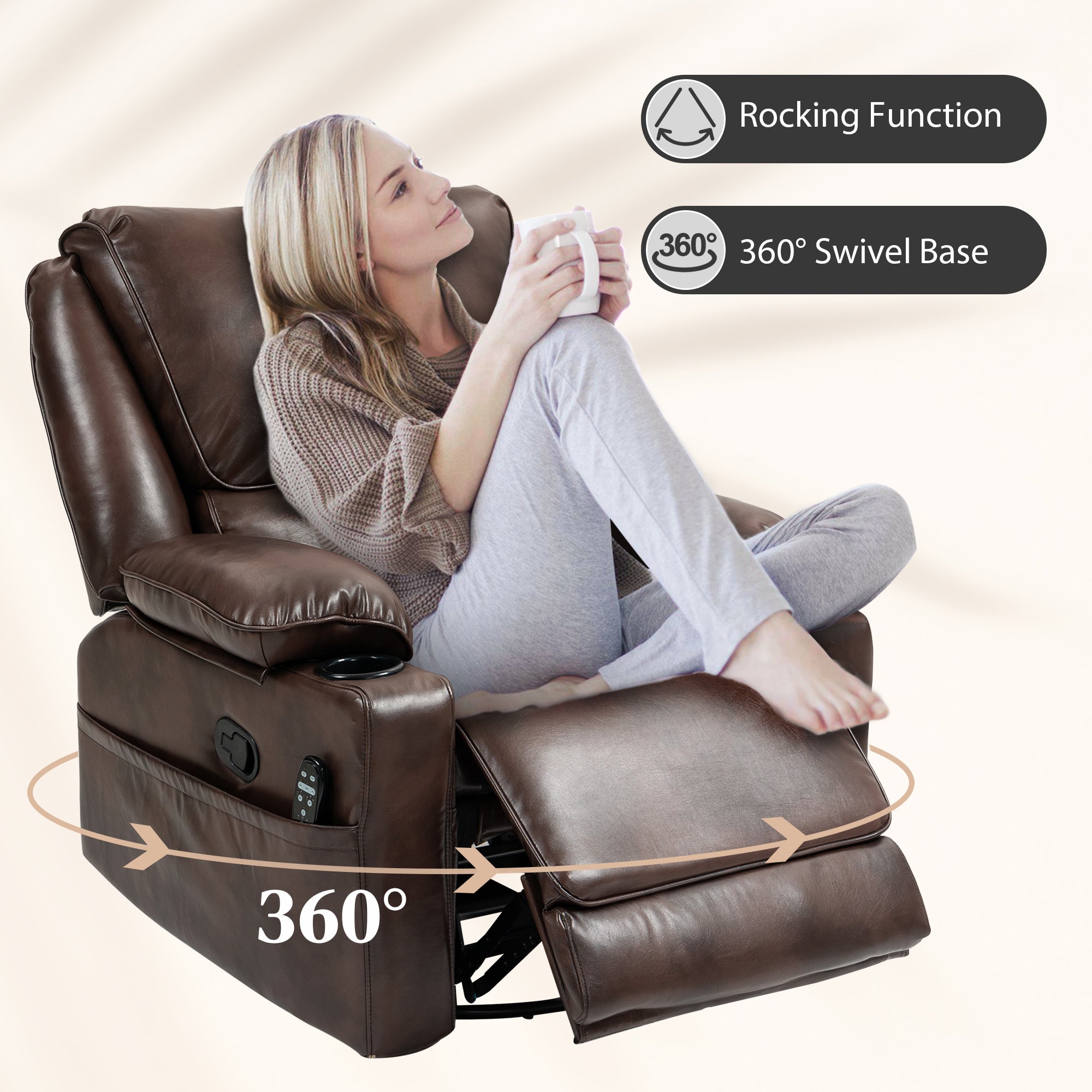 HOMCOM Recliner Chair with Vibration Massage and Heat, Oversized Swivel Rocker Single Sofa with Footrest, Remote, Cup Holders and Side Pockets, PU Manual Reclining Chair for Living Room, Brown