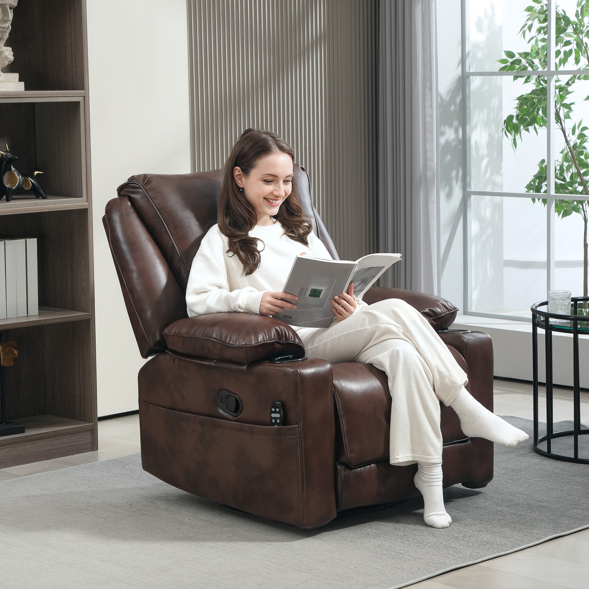 HOMCOM Recliner Chair with Vibration Massage and Heat, Oversized Swivel Rocker Single Sofa with Footrest, Remote, Cup Holders and Side Pockets, PU Manual Reclining Chair for Living Room, Brown