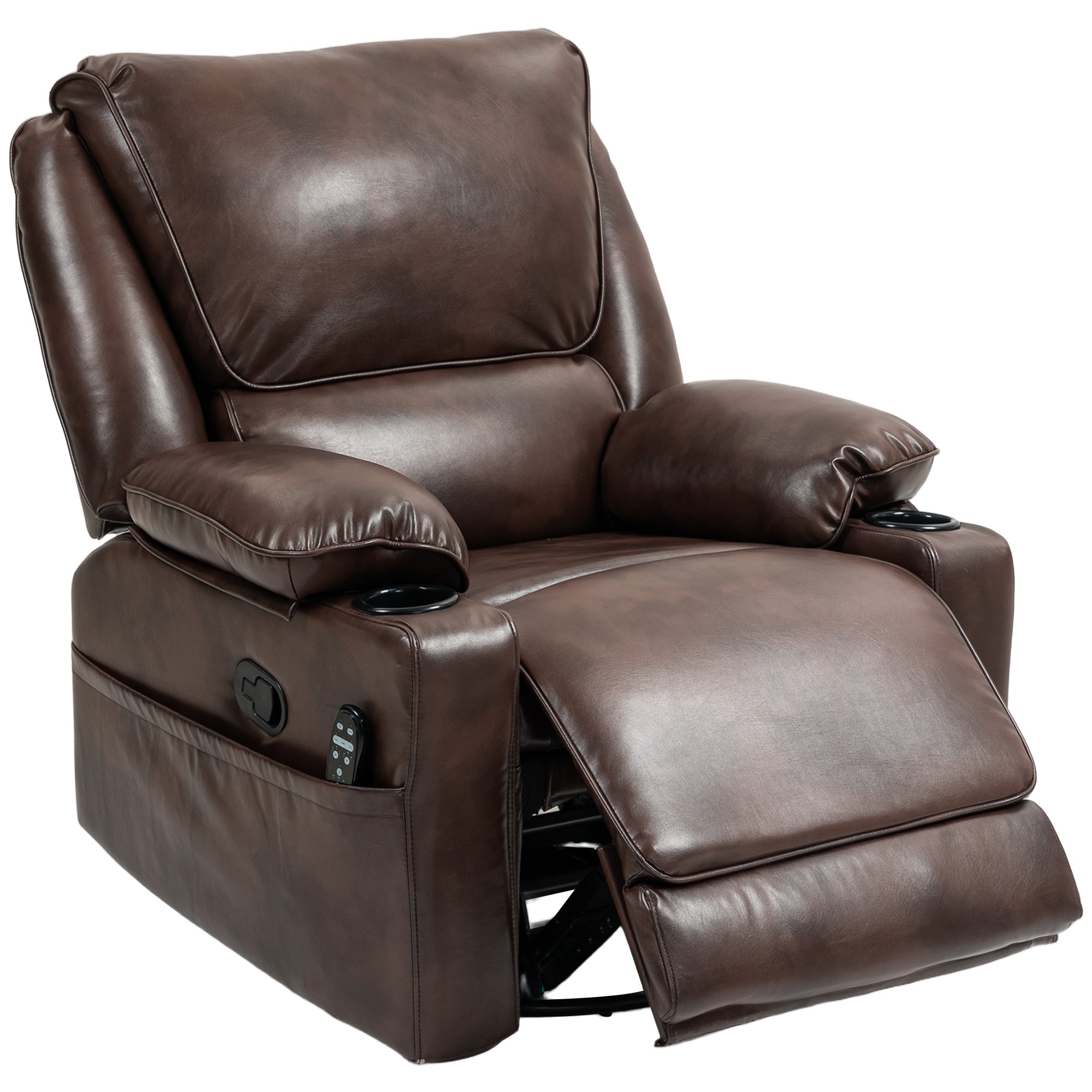 HOMCOM Recliner Chair with Vibration Massage and Heat, Oversized Swivel Rocker Single Sofa with Footrest, Remote, Cup Holders and Side Pockets, PU Manual Reclining Chair for Living Room, Brown