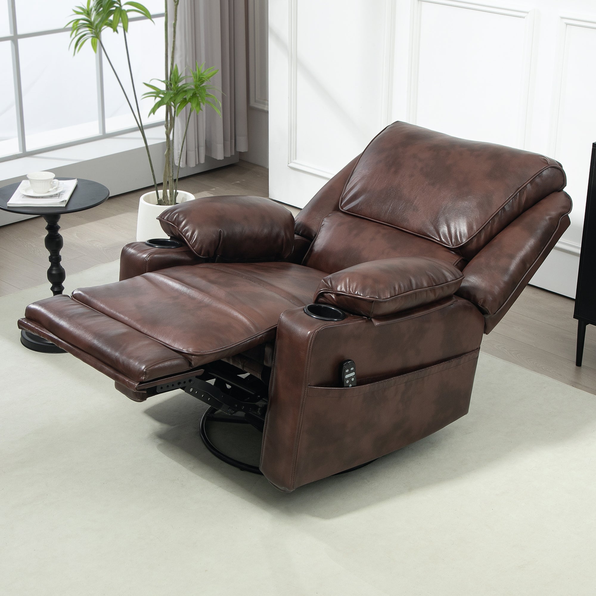 HOMCOM Recliner Chair with Vibration Massage and Heat, Oversized Swivel Rocker Single Sofa with Footrest, Remote, Cup Holders and Side Pockets, PU Manual Reclining Chair for Living Room, Brown