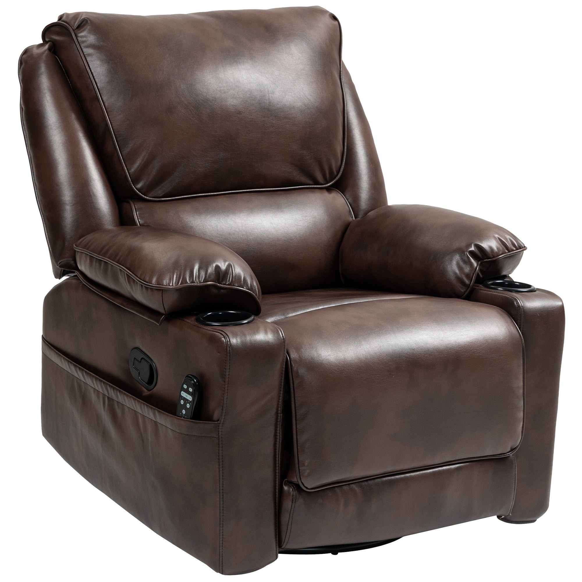 HOMCOM Recliner Chair with Vibration Massage and Heat, Oversized Swivel Rocker Single Sofa with Footrest, Remote, Cup Holders and Side Pockets, PU Manual Reclining Chair for Living Room, Brown