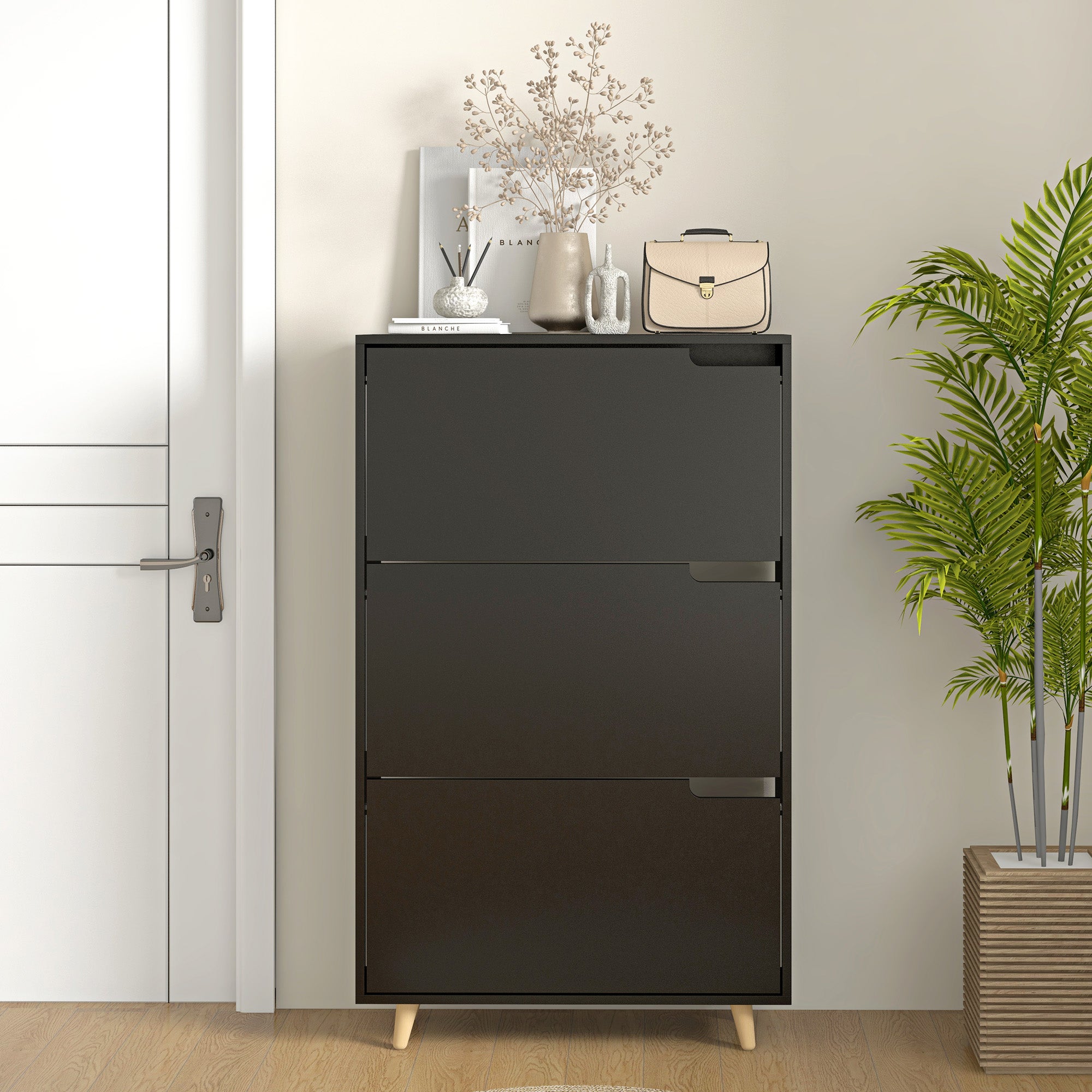 HOMCOM Narrow Shoe Cabinet, Shoe Storage Cabinet with 3 Flip Drawers and Adjustable Shelves, Entryway Shoe Rack Cabinet for 18-24 Pair of Shoes, Black