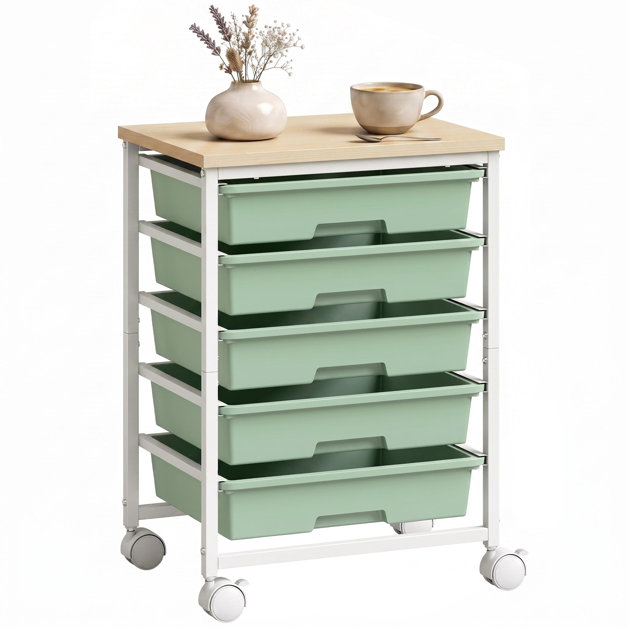 6-Tier Storage Trolley on Wheels, Metal Kitchen Rolling Cart with 5 Pull-Out Drawers, Kitchen Storage Rack for Living Room, Dining Room, Bedroom, Bathroom, Green
