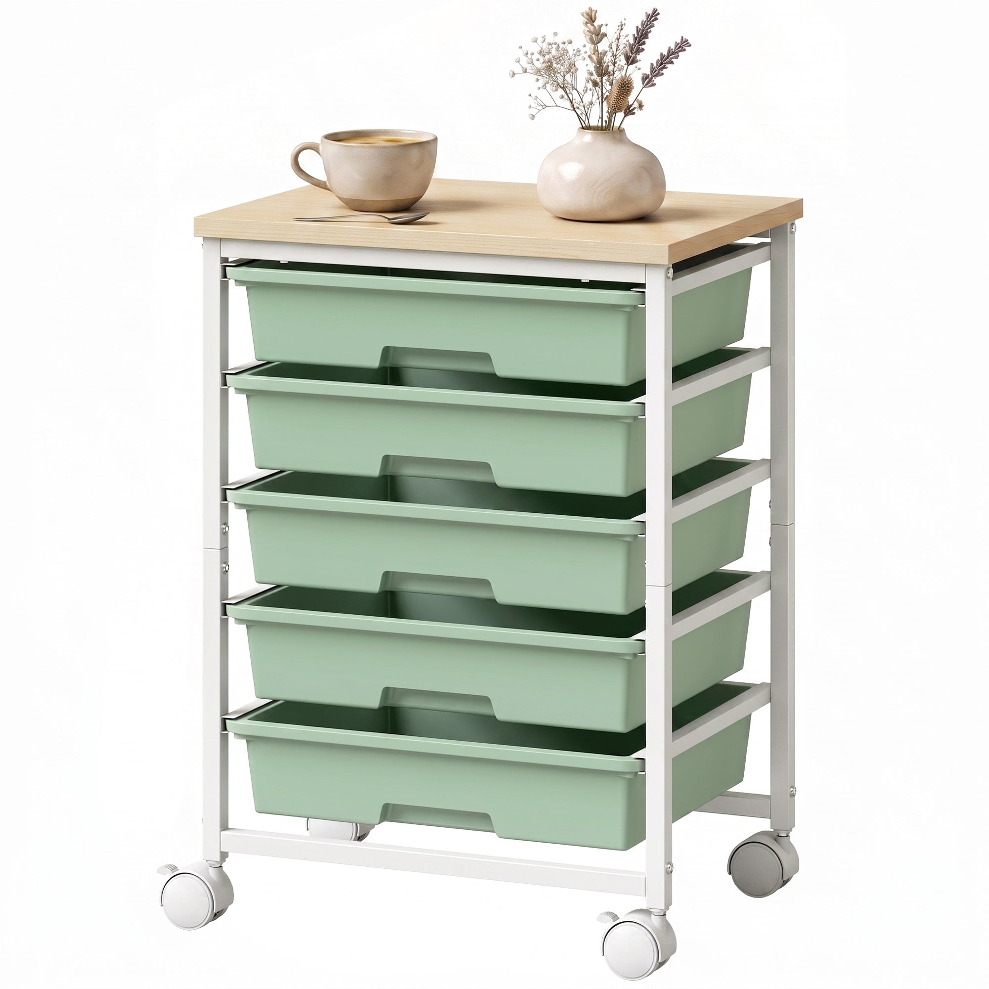 6-Tier Storage Trolley on Wheels, Metal Kitchen Rolling Cart with 5 Pull-Out Drawers, Kitchen Storage Rack for Living Room, Dining Room, Bedroom, Bathroom, Green
