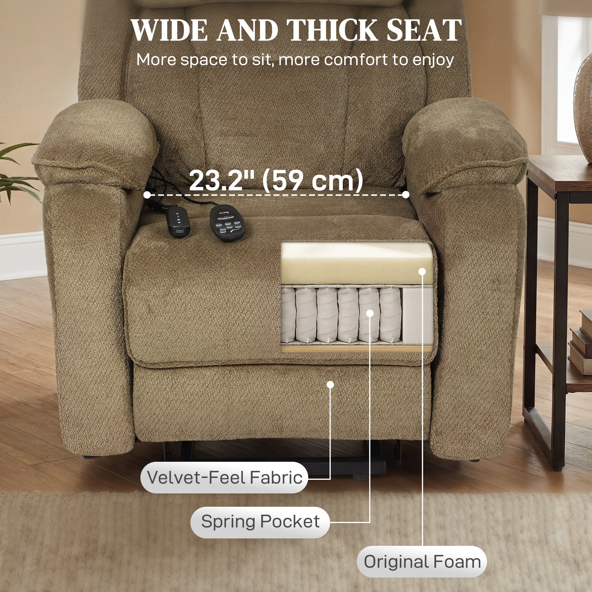 Power Lift Recliner Chair for Elderly with Massage, Electric Recliner with Side Pockets, Remote, 2 Memory Buttons, Footrest, Quiet Reclining Chair for Living Room, Brown