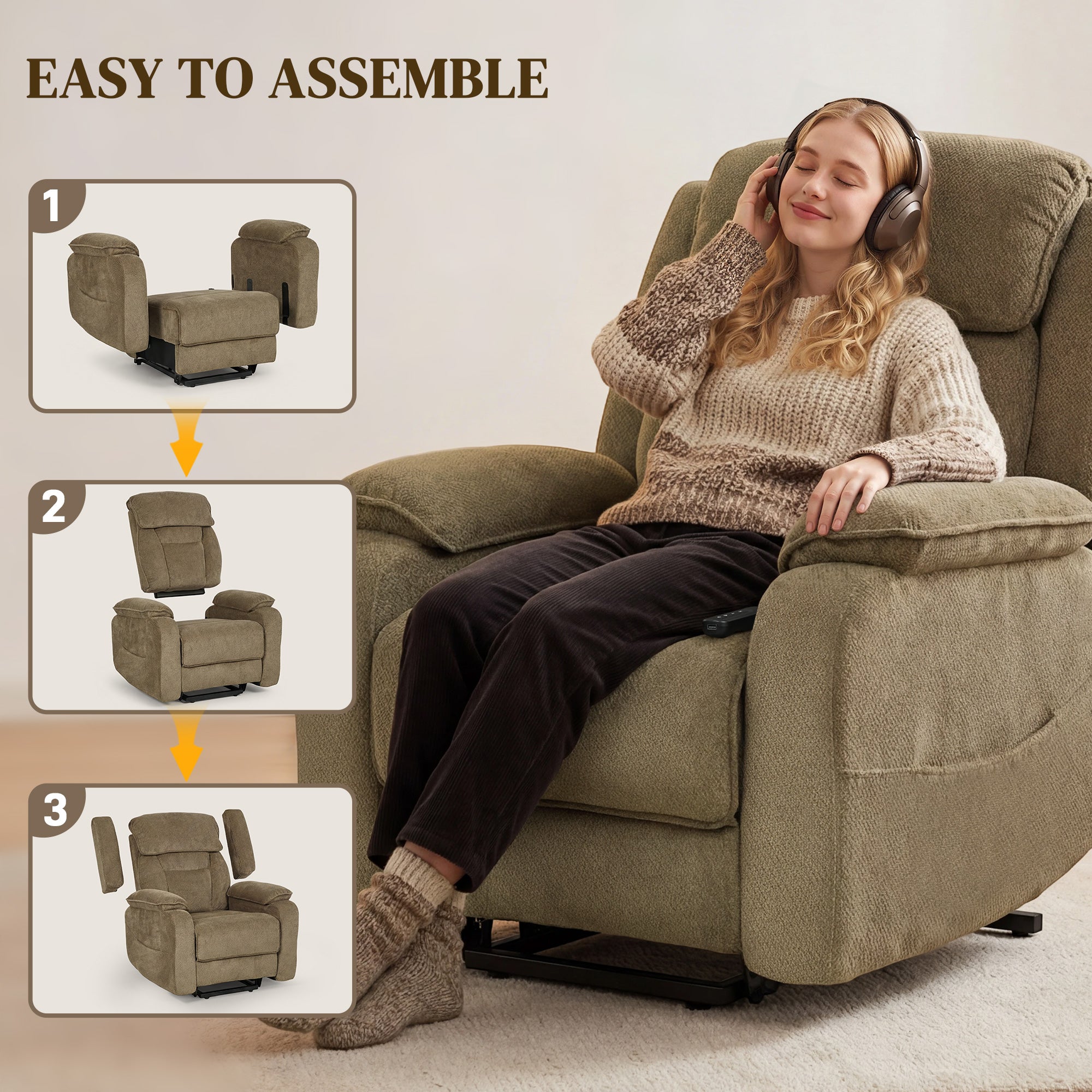 Power Lift Recliner Chair for Elderly with Massage, Electric Recliner with Side Pockets, Remote, 2 Memory Buttons, Footrest, Quiet Reclining Chair for Living Room, Brown