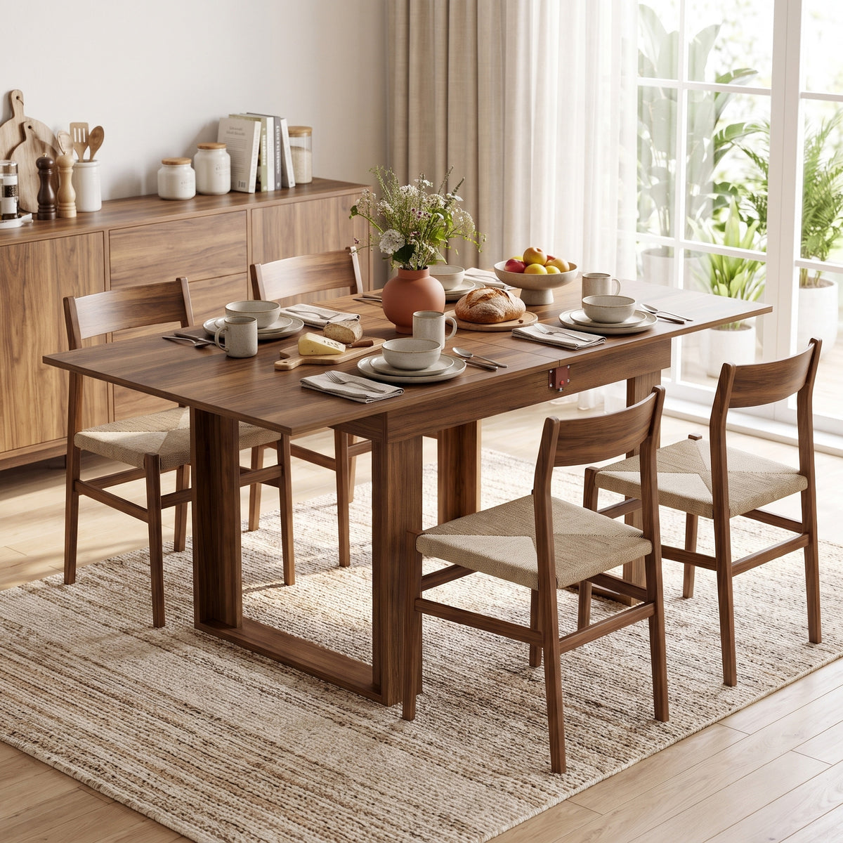 Folding Dining Table for 4 with Under-Table Storage, 70-140 cm Modern Extendable Kitchen Table with Steel Rail, Space-Saving for Kitchen, Dining Room, Grey Wood Effect