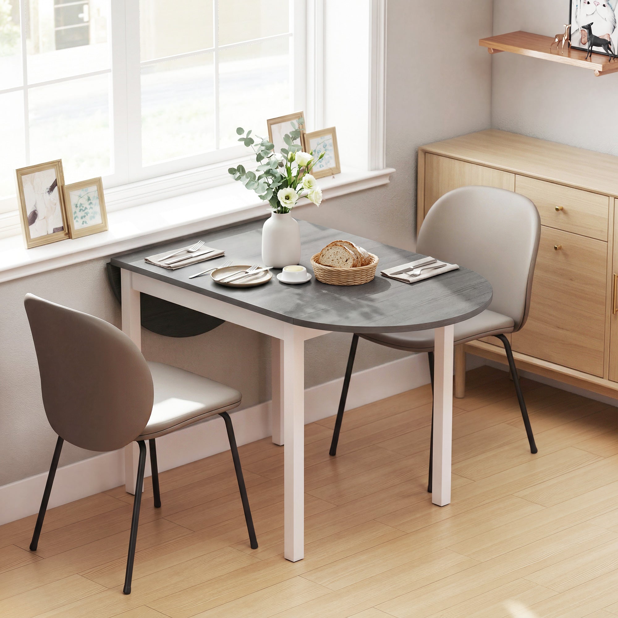 Folding Dining Table for 4-6 People, 140 cm Oval Solid Wood Drop Leaf Table, Kitchen Table for Small Spaces, Dining Room, Living Room, Grey