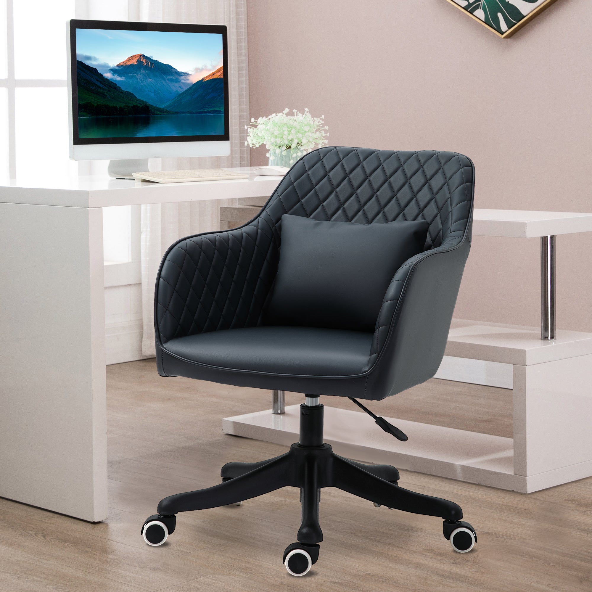 Vinsetto Velvet Office Chair, Desk Chair, Makeup Vanity Chair with Massage Lumbar Pillow and Rolling Wheels for Bedroom and Home, Deep Blue