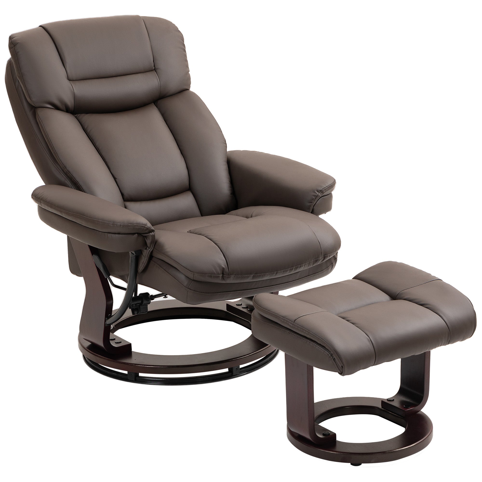 HOMCOM Swivel Recliner Chair with Ottoman, PU Leather Recliner with Adjustable Backrest, Footrest, Wood Base, Upholstered Reclining Chair for Living Room, Bedroom, Office, Dark Brown